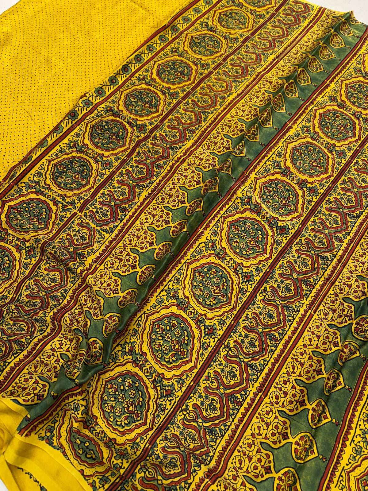 Yellow Dot Ajrakh Hand Block Print Pure Gajji Silk Saree