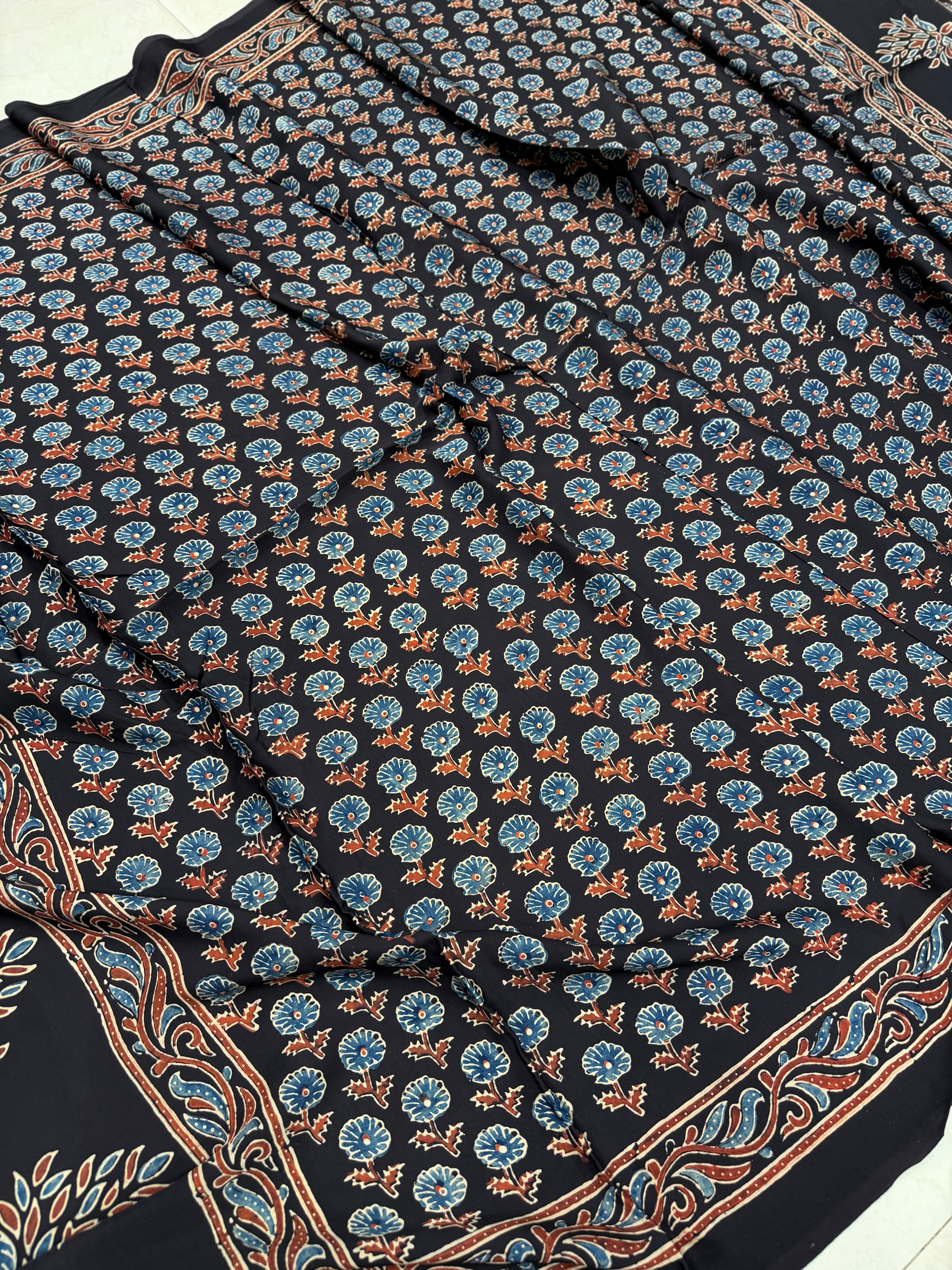 Black Buttis Ajrakh Hand Block Print Pure Gajji Silk Dupatta