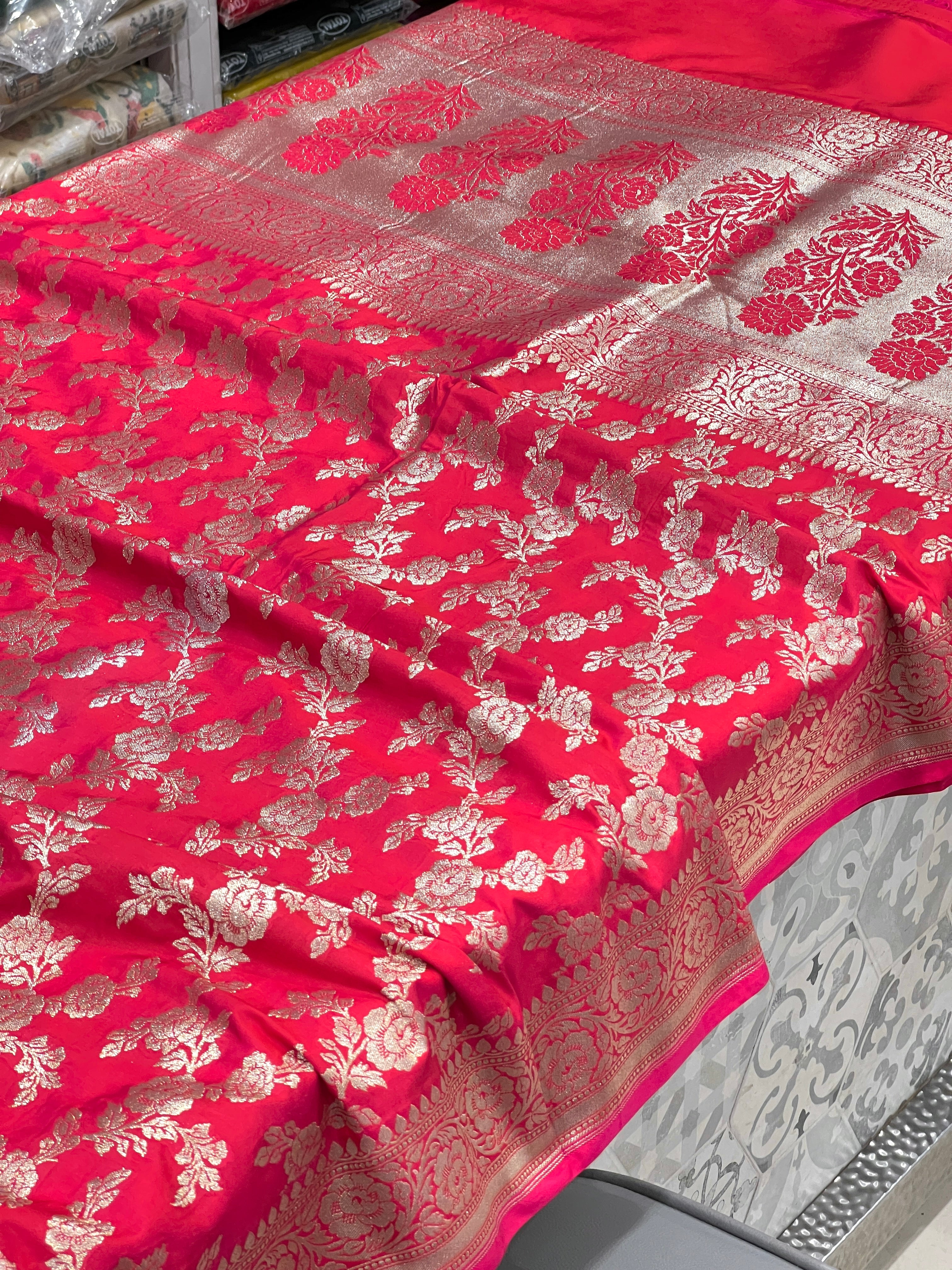 Pink Banarasi Silk Rose Jaal Saree