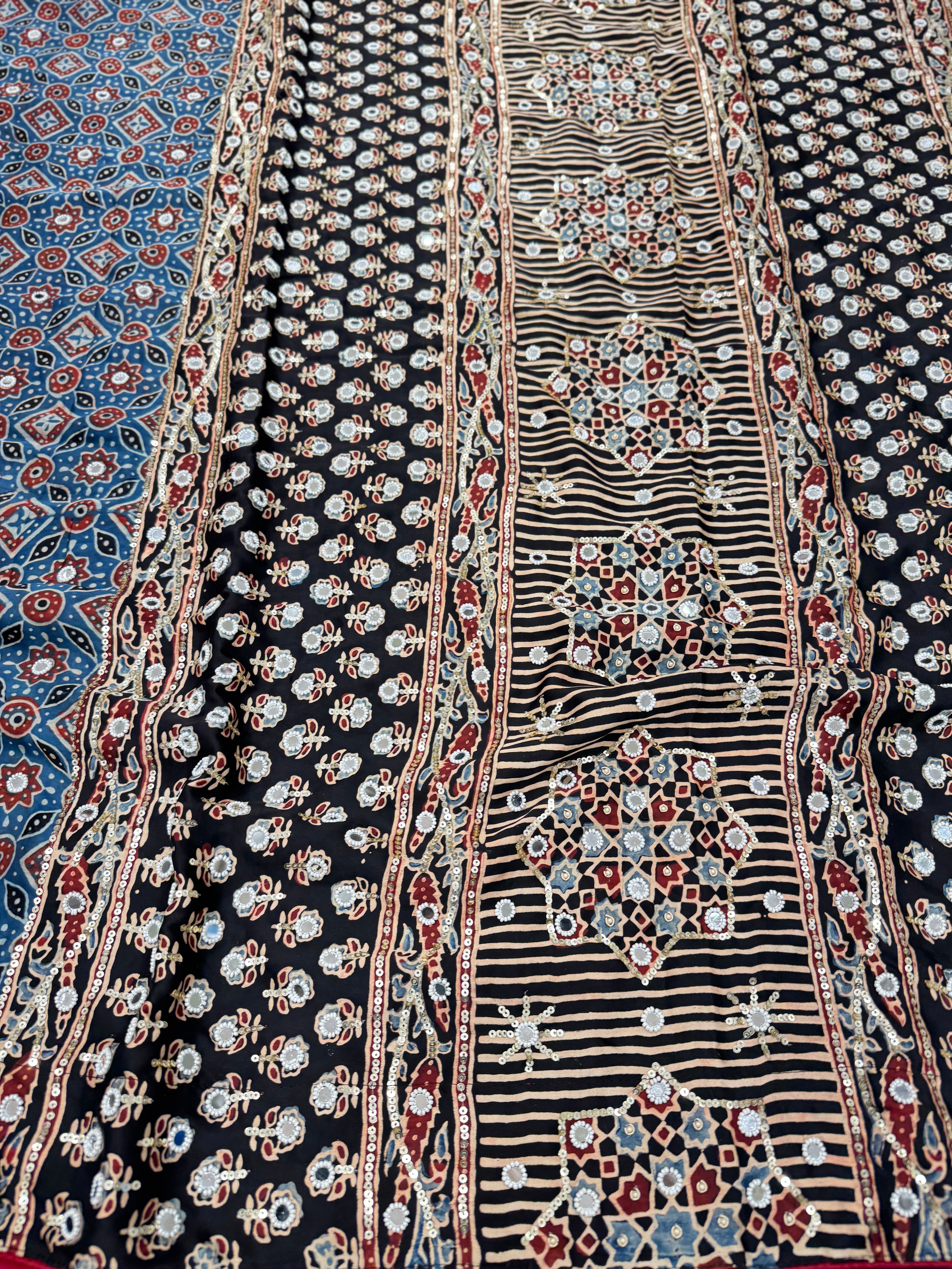 Blue Black Jaal Ajrakh Real Mirror Moti Sequin Hand Embroidery Saree