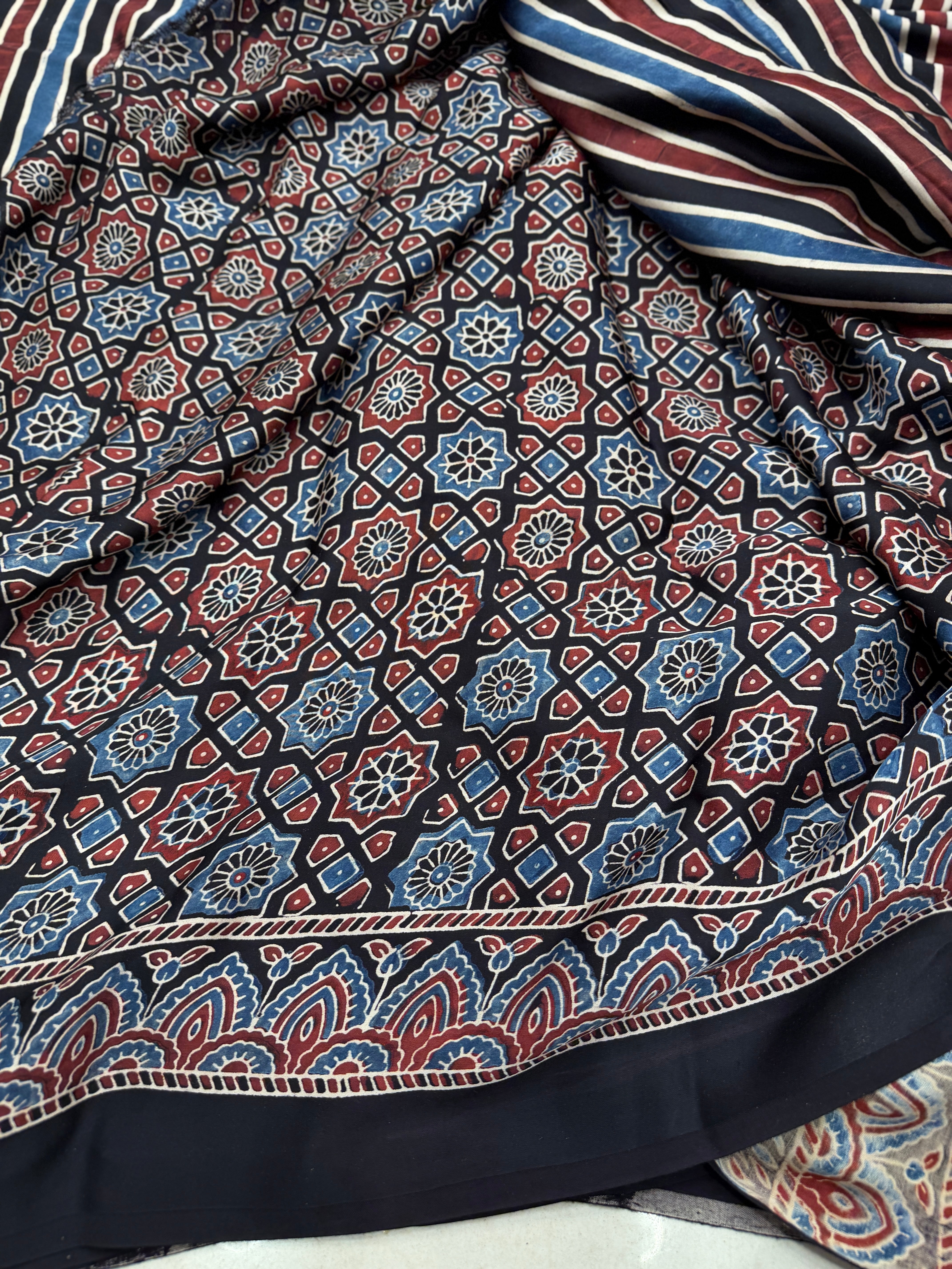 Black Contemporary Ajrakh Hand Block Print Pure Gajji Silk Saree