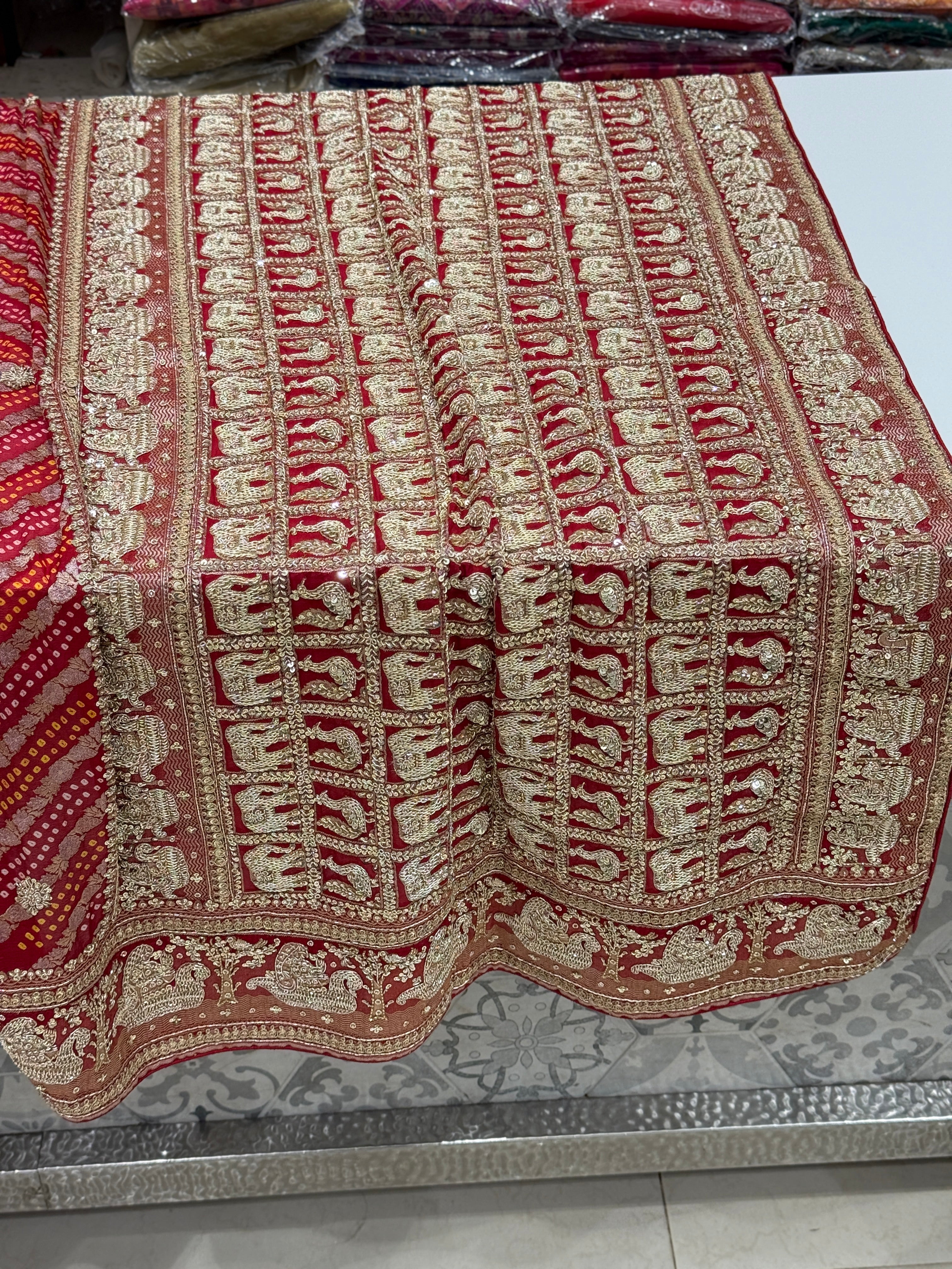 Red Sona Roopa Rai Bandhej Georgette Zardosi Hand Embroidery Saree