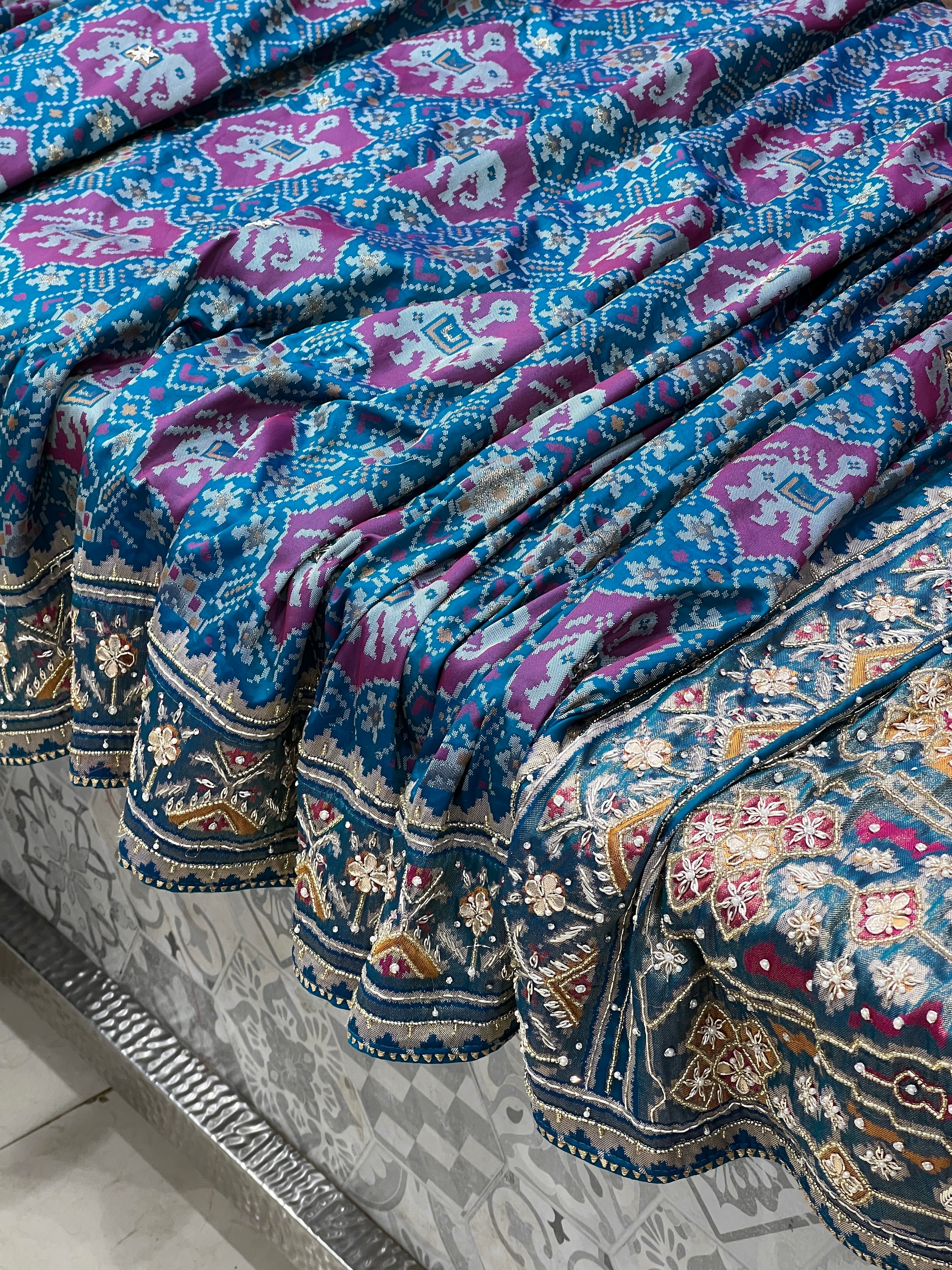 Blue Elephant Patola Hand Embroidery Saree