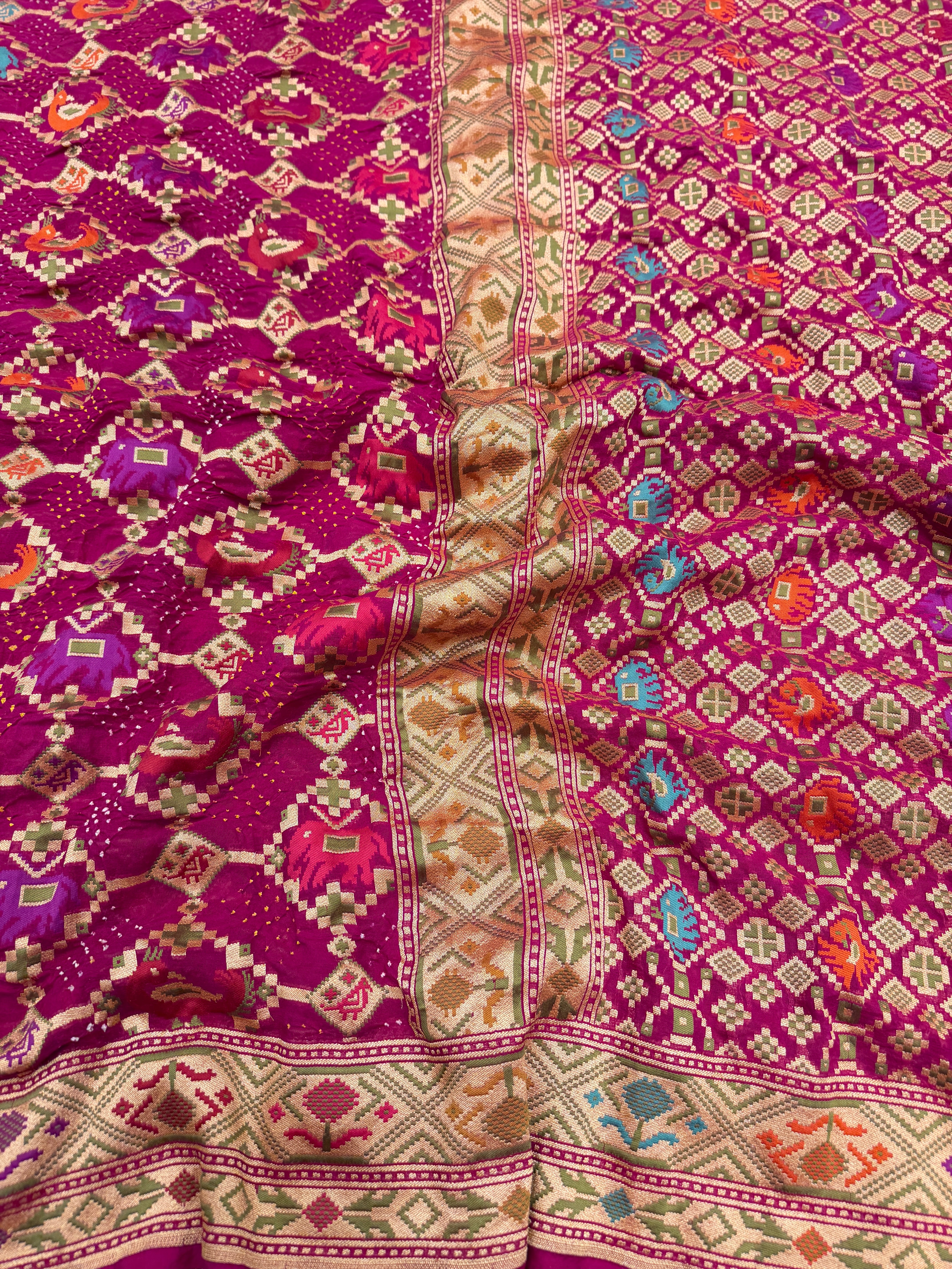 Wine Meenakari Pure Handloom Patola Style Rai Bandhej Georgette Saree