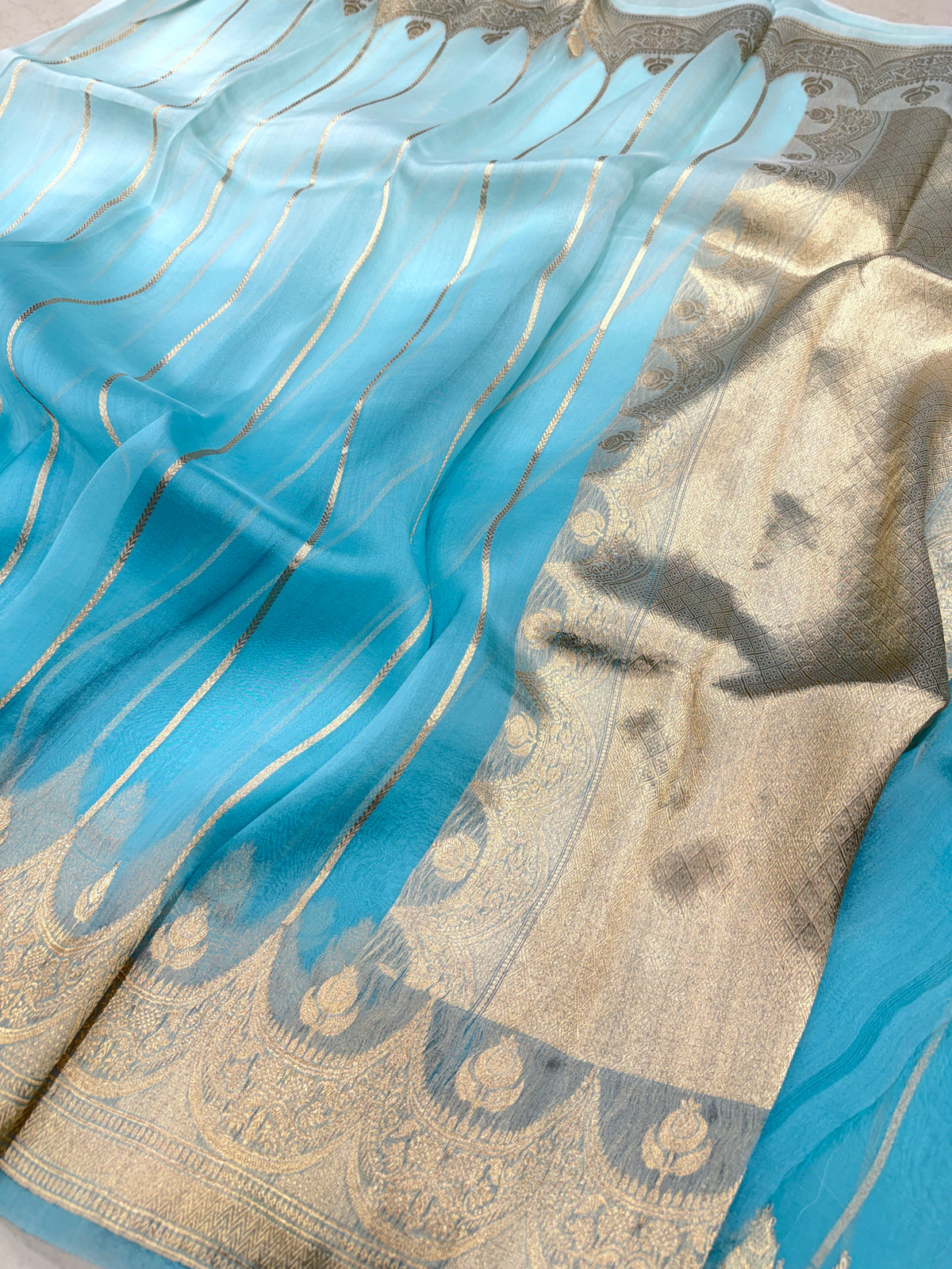Blue Shaded Contemporary Handloom Banarasi Kora Silk Saree