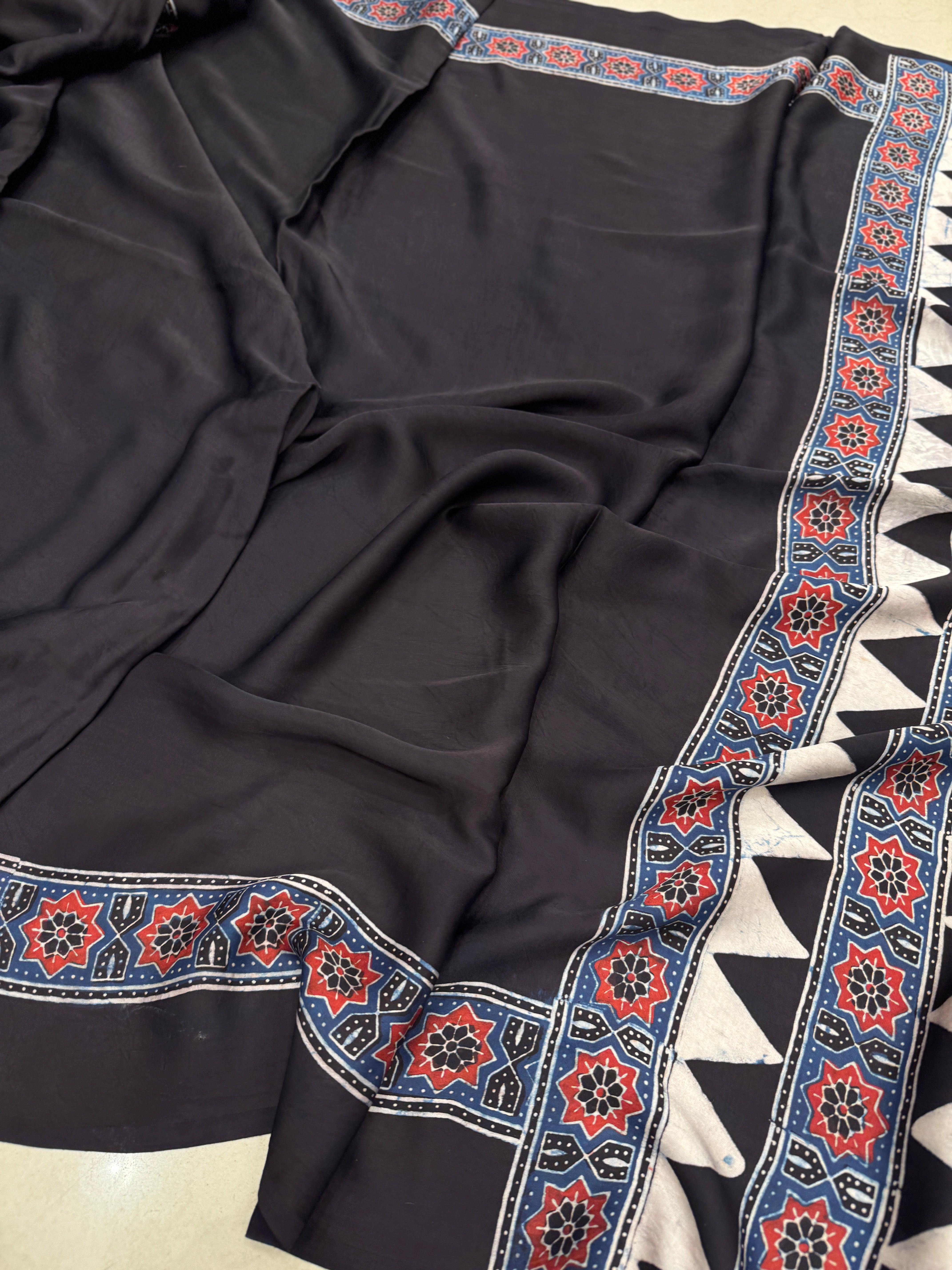 Black Contemporary Pallu Hand Block Print Ajrkah Pure Gajji Silk Saree