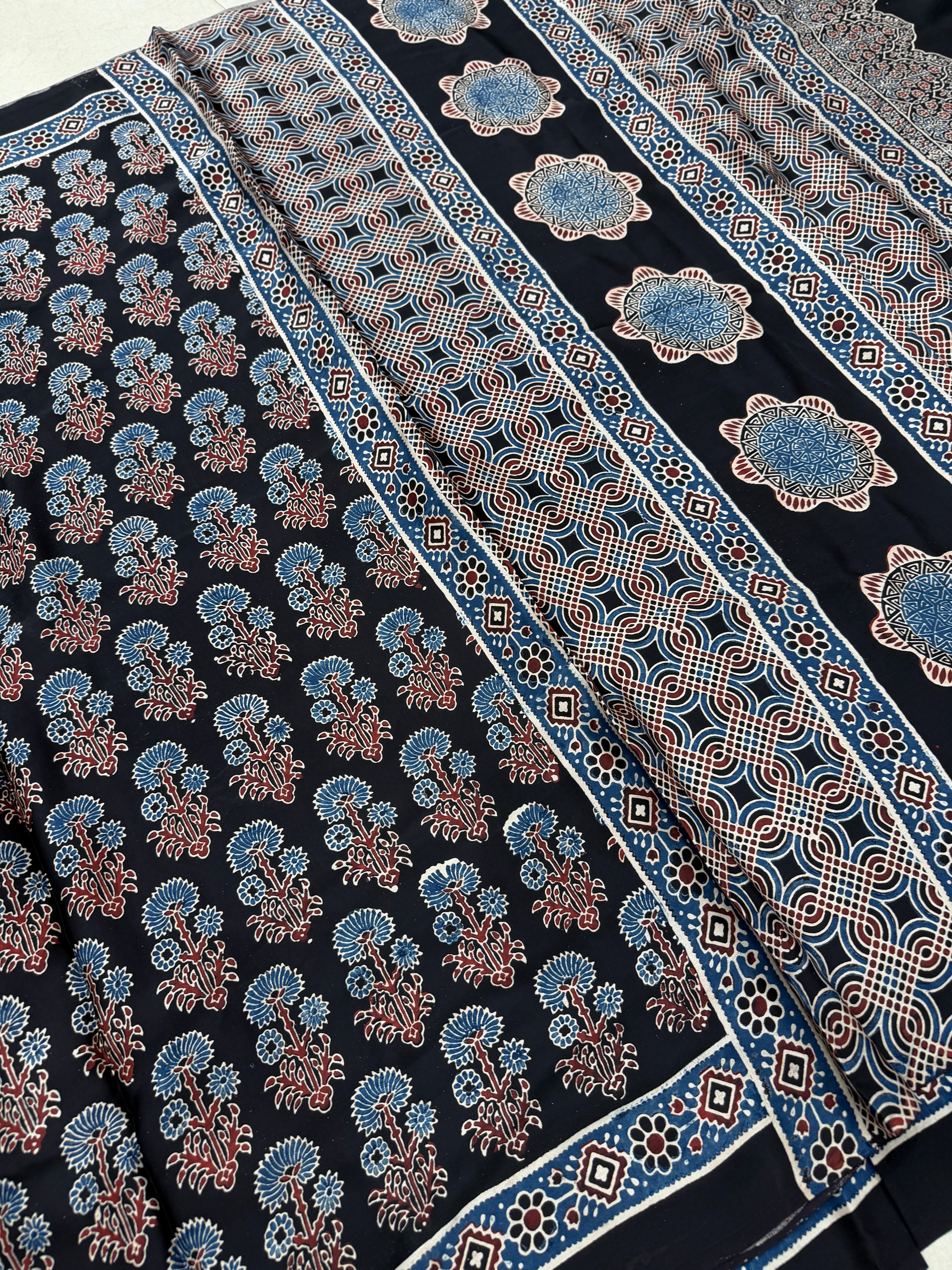 Black Floral Butta Ajrakh Hand Block Print Pure Gajji Silk Saree