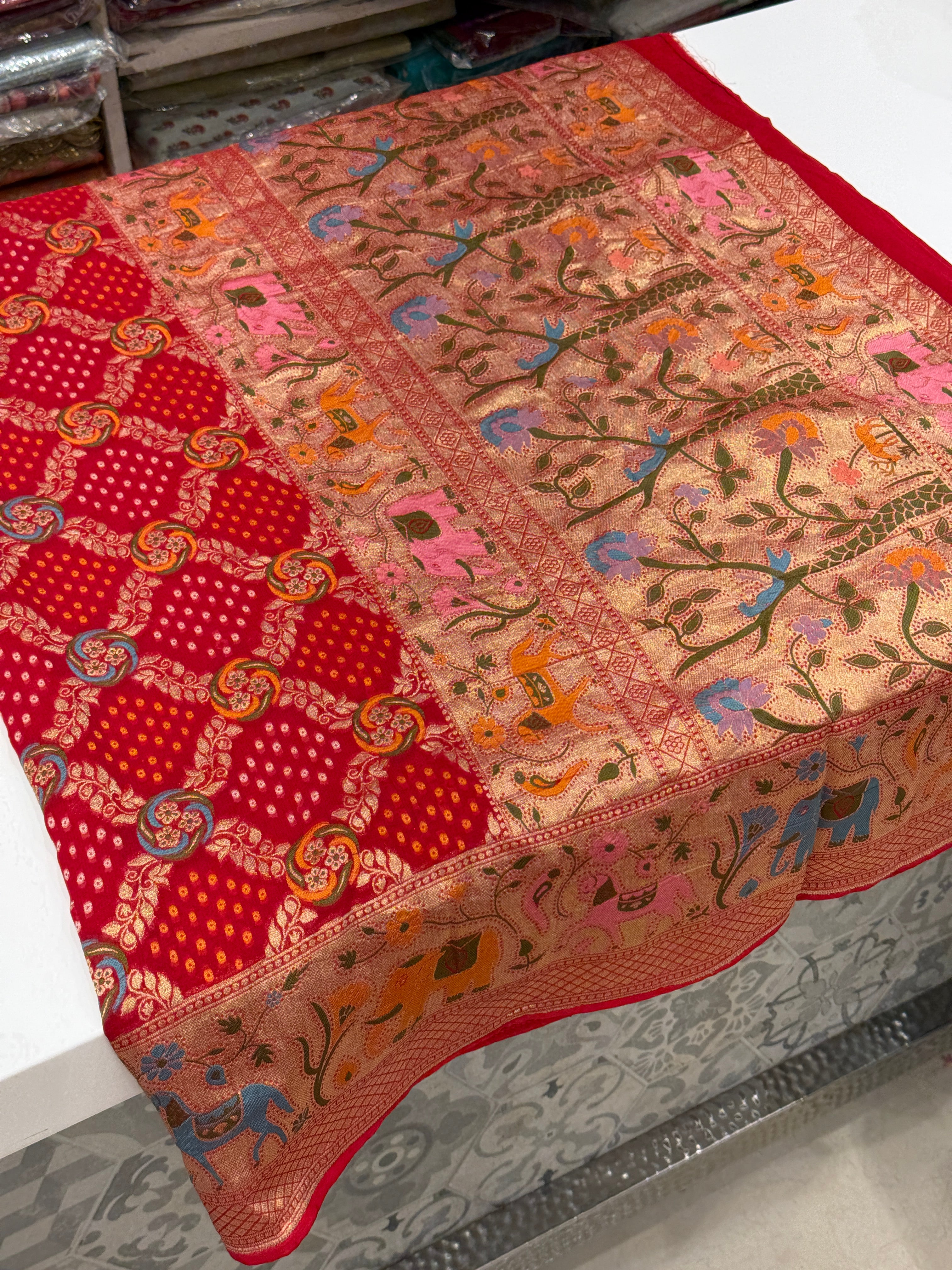 Red Meenkari Asvah Hastin Border Woven Bandhej Saree