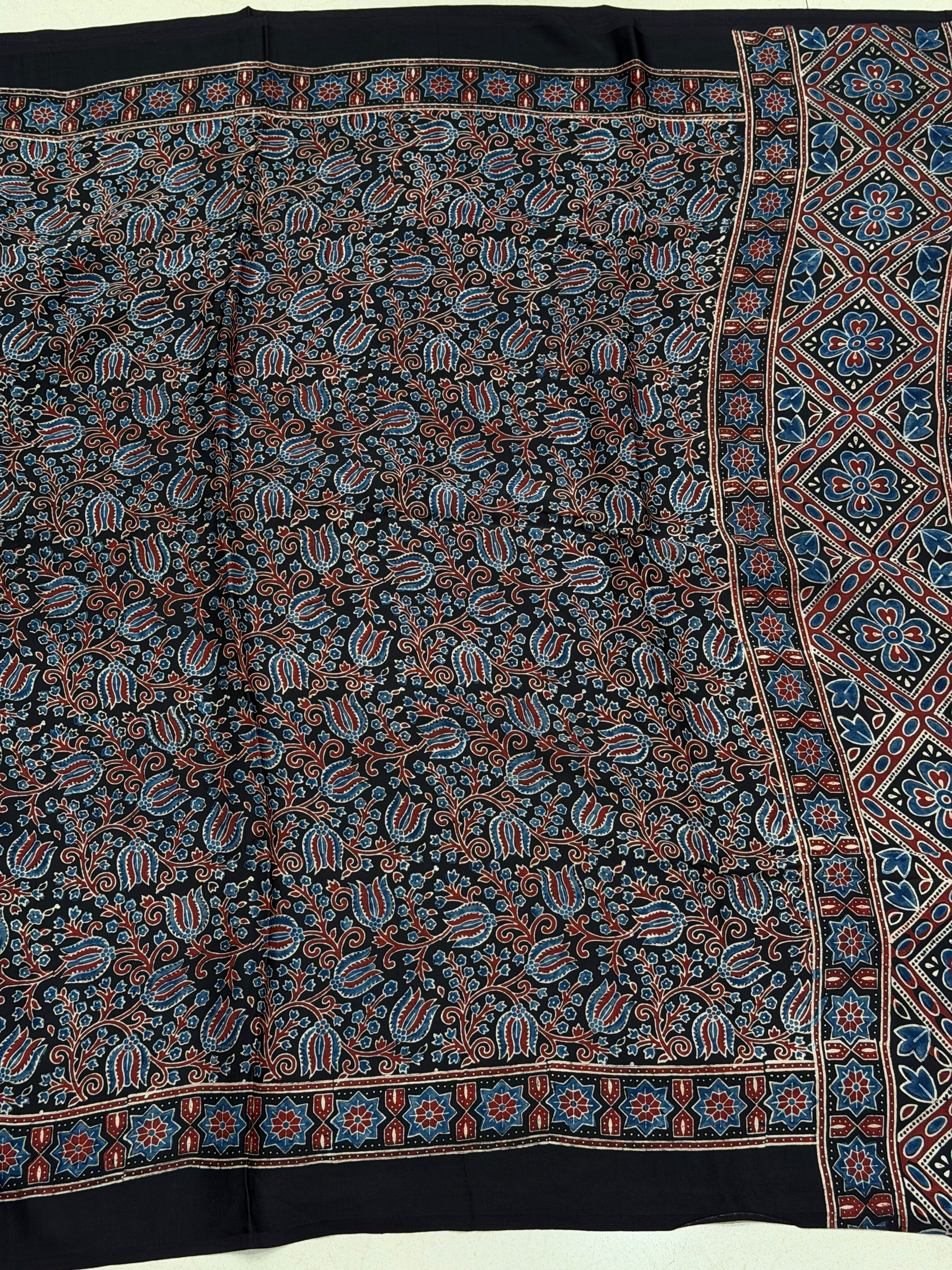 Black Floral Jaal Ajrakh Hand Block Print Pure Modal Silk Saree