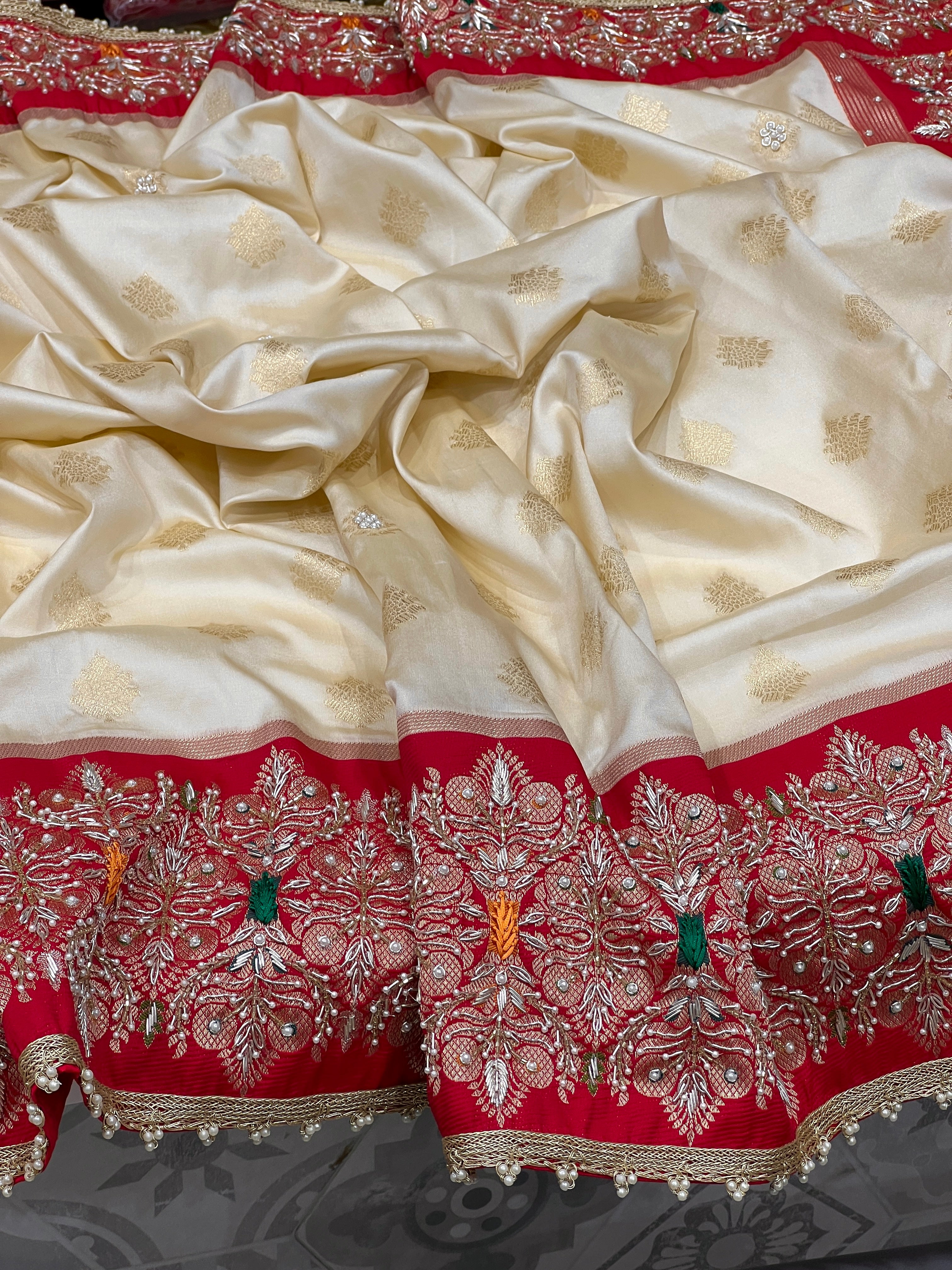 Beige Red Banarasi Zardosi Resham Embroidery Saree