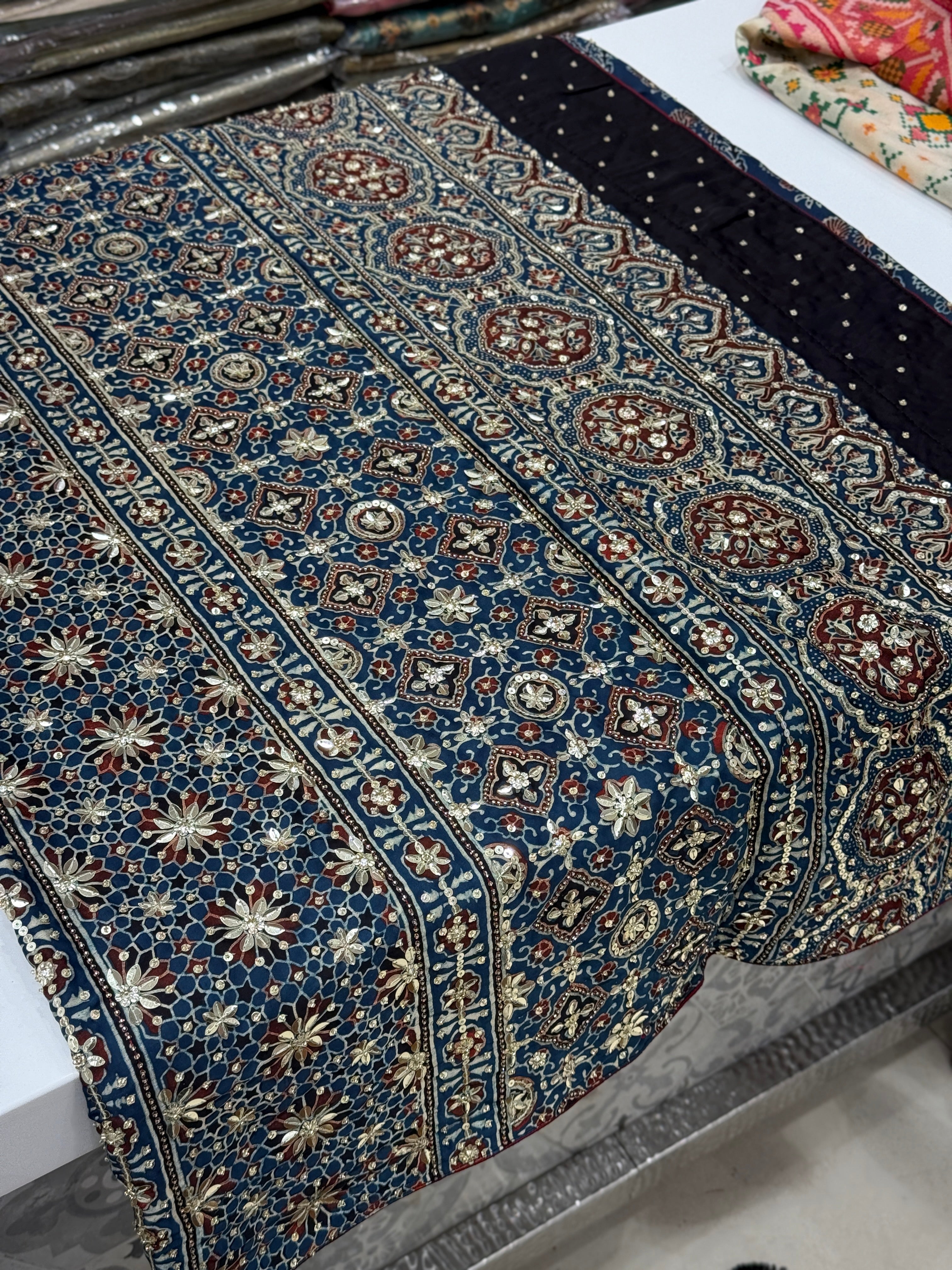 Blue Ajrakh Buttas Sequins Hand Embroidery Saree
