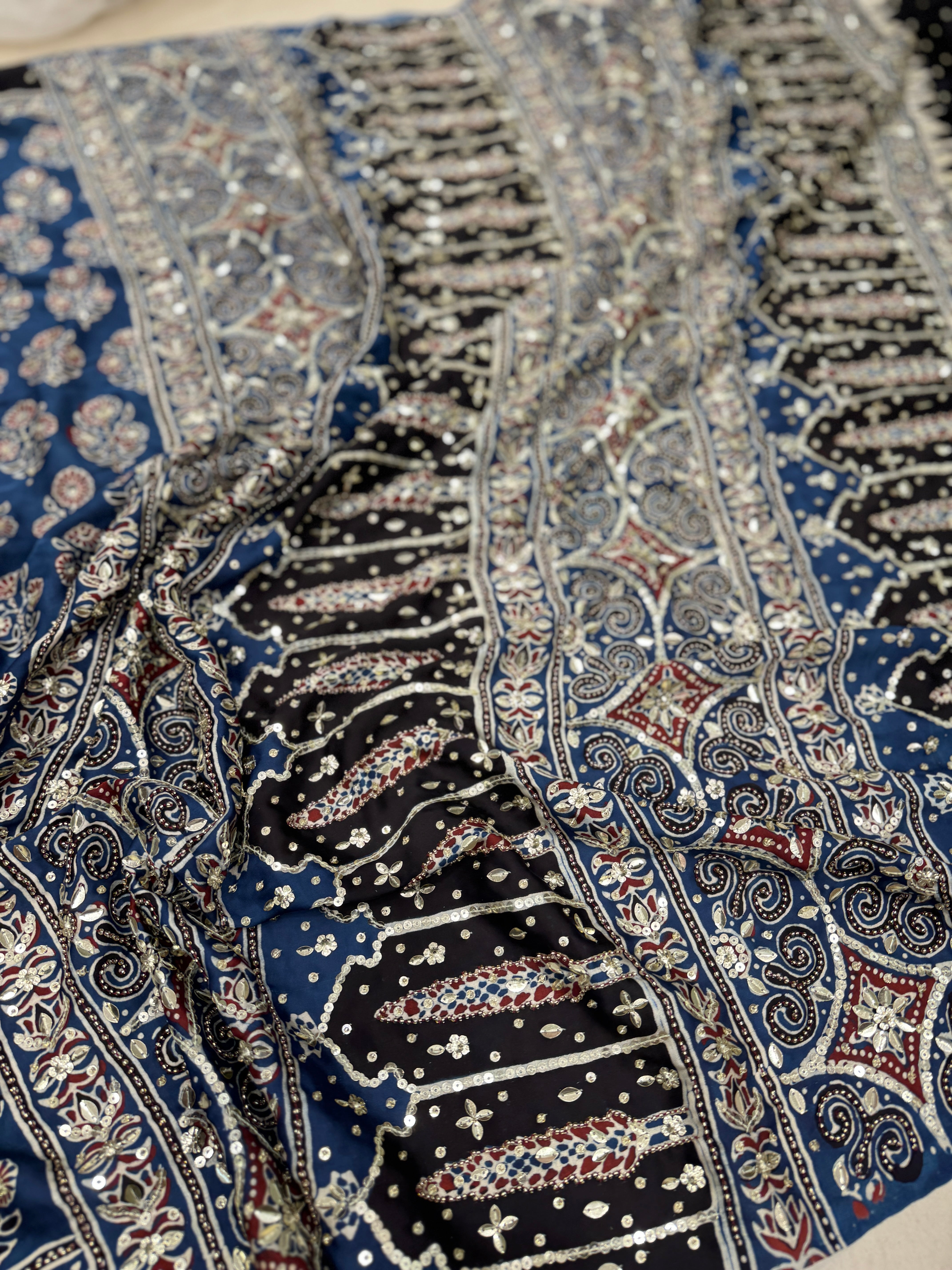 Blue Teen Buttis Ajrakh Hand Embroidery Saree