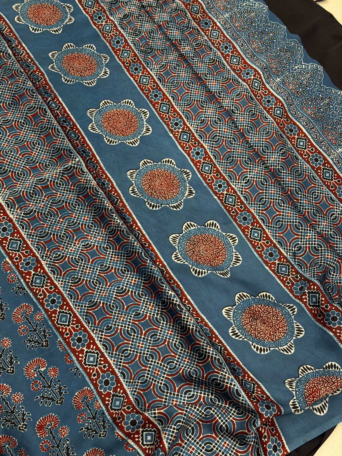 Blue Floral Butta Ajrakh Hand Block Print Pure Gajji Silk Saree
