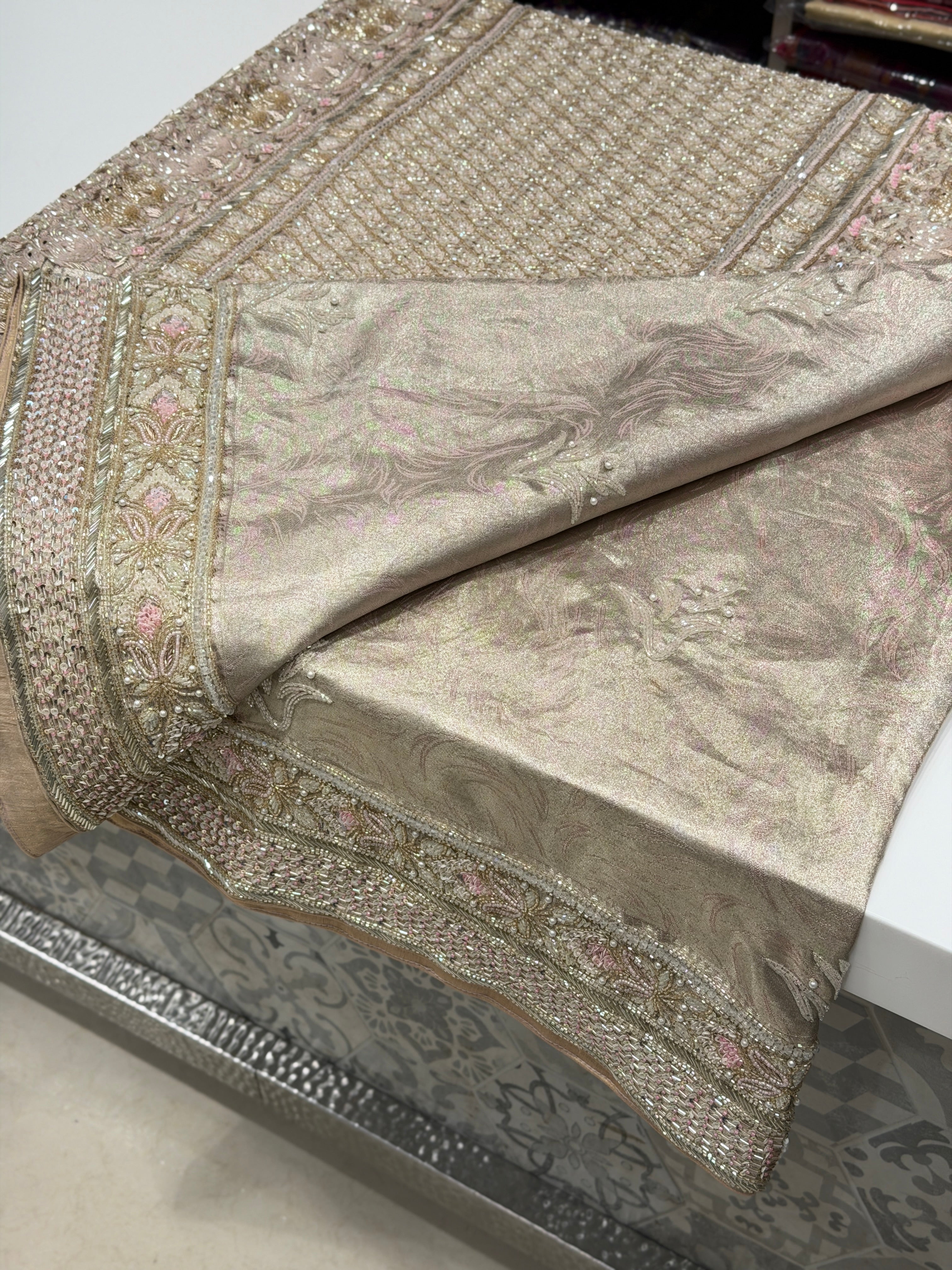 Pink Silver Kanjivaram Three Zari Hand Embroidery Zardosi Moti Sequin Saree