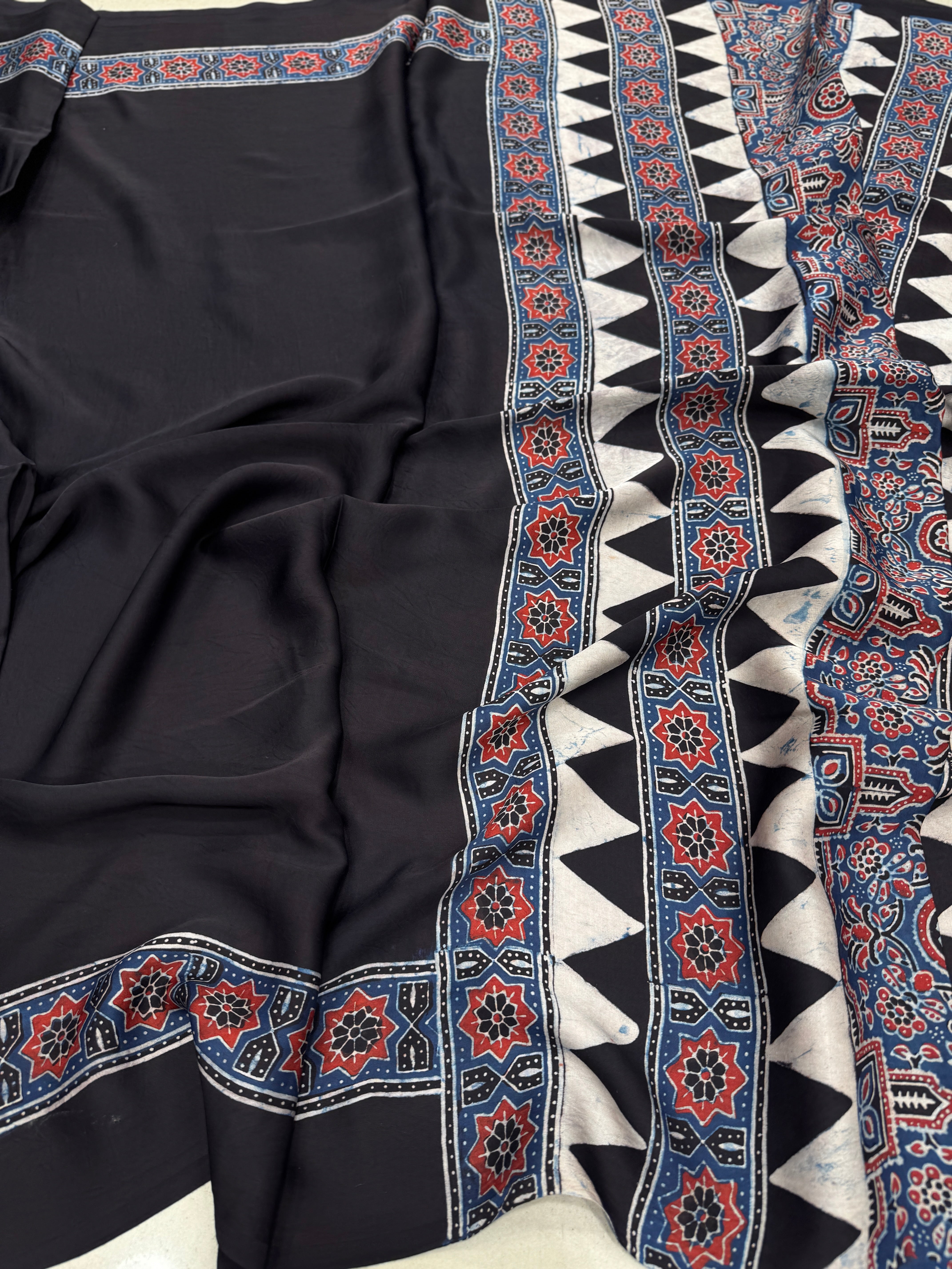 Black Contemporary Pallu Hand Block Print Ajrkah Pure Gajji Silk Saree