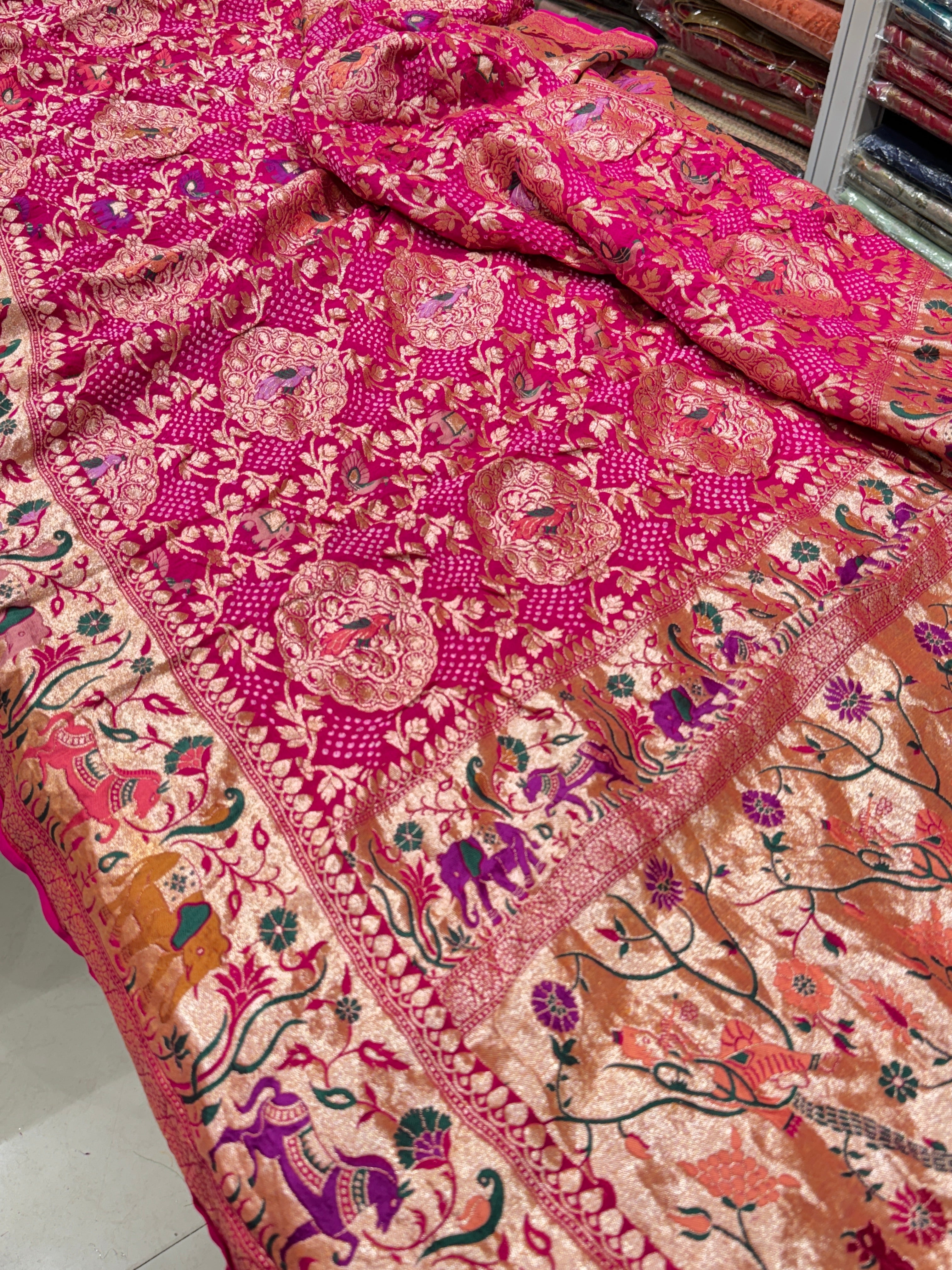 Rani Pink Luxury Bandhej Meenakari Saree