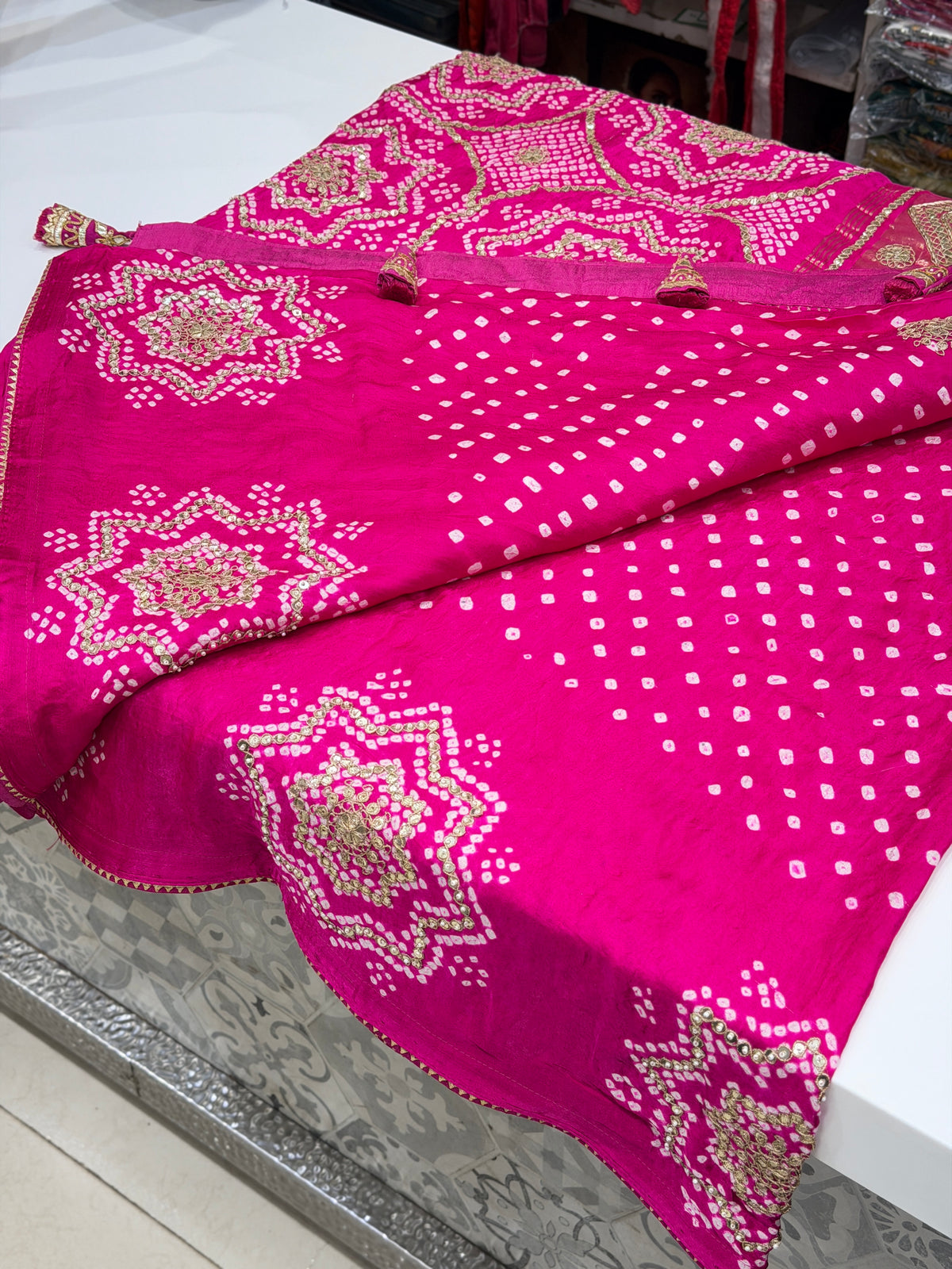 Rani Pink Faabiiana Inspired Gajji Silk Rai Bandhej Gotapatti Marodi Hand Embroidery Saree