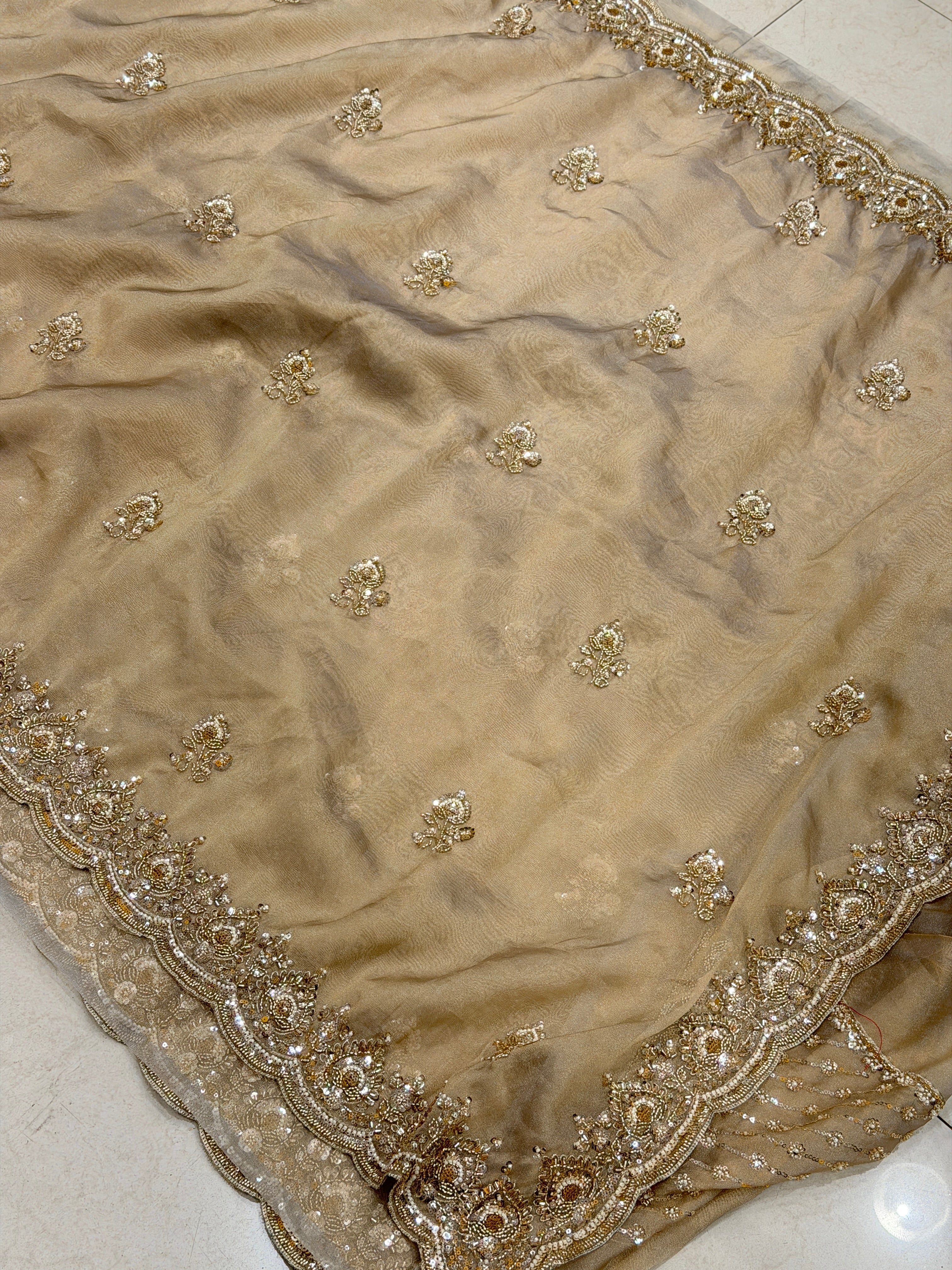 Gold Tissue Organza Moti Sequin Embroidery Heavy Blouse Saree