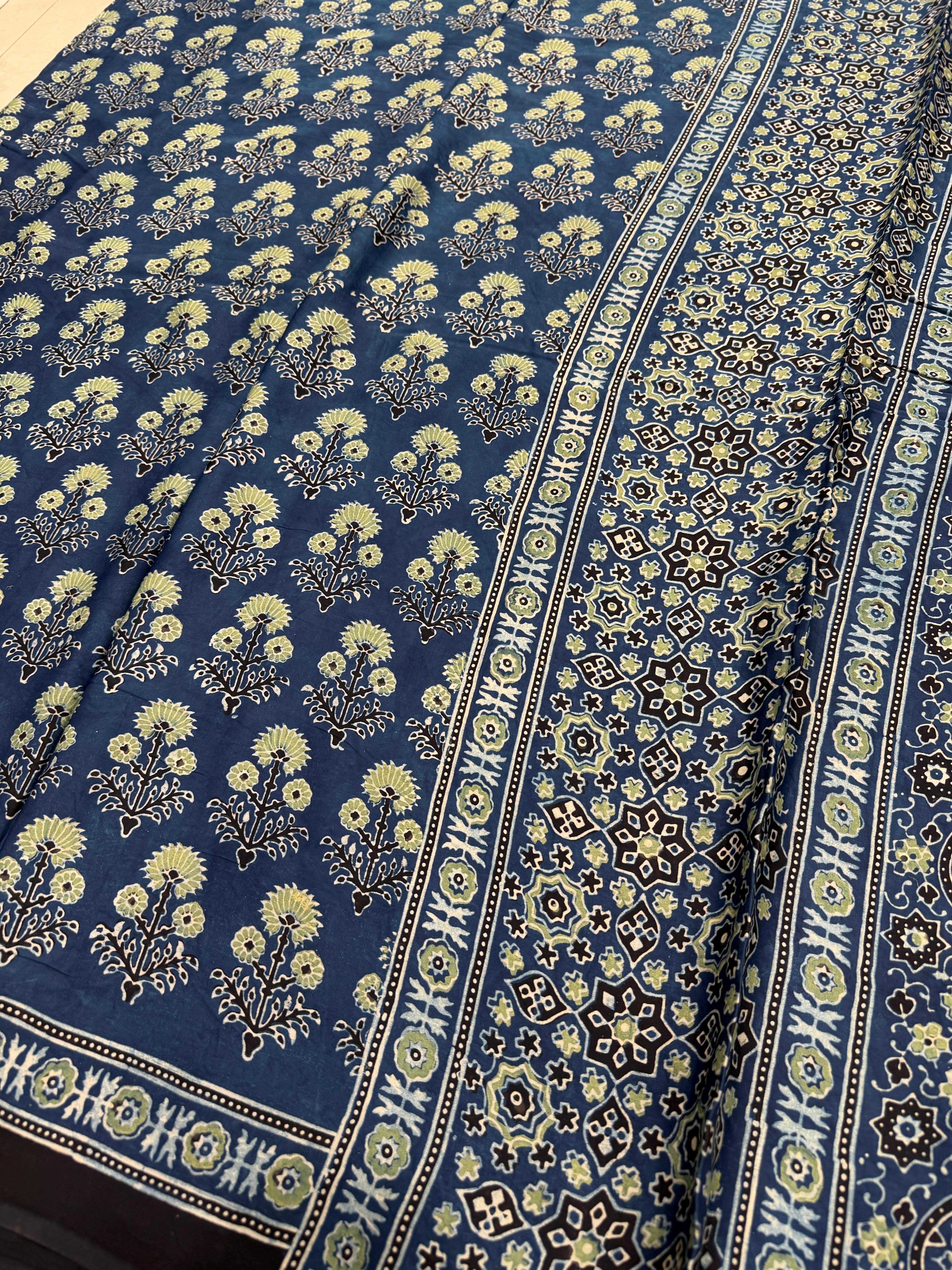 Blue Yellow Buttas Ajrakh Hand Block Print Pure Gajji Silk Saree
