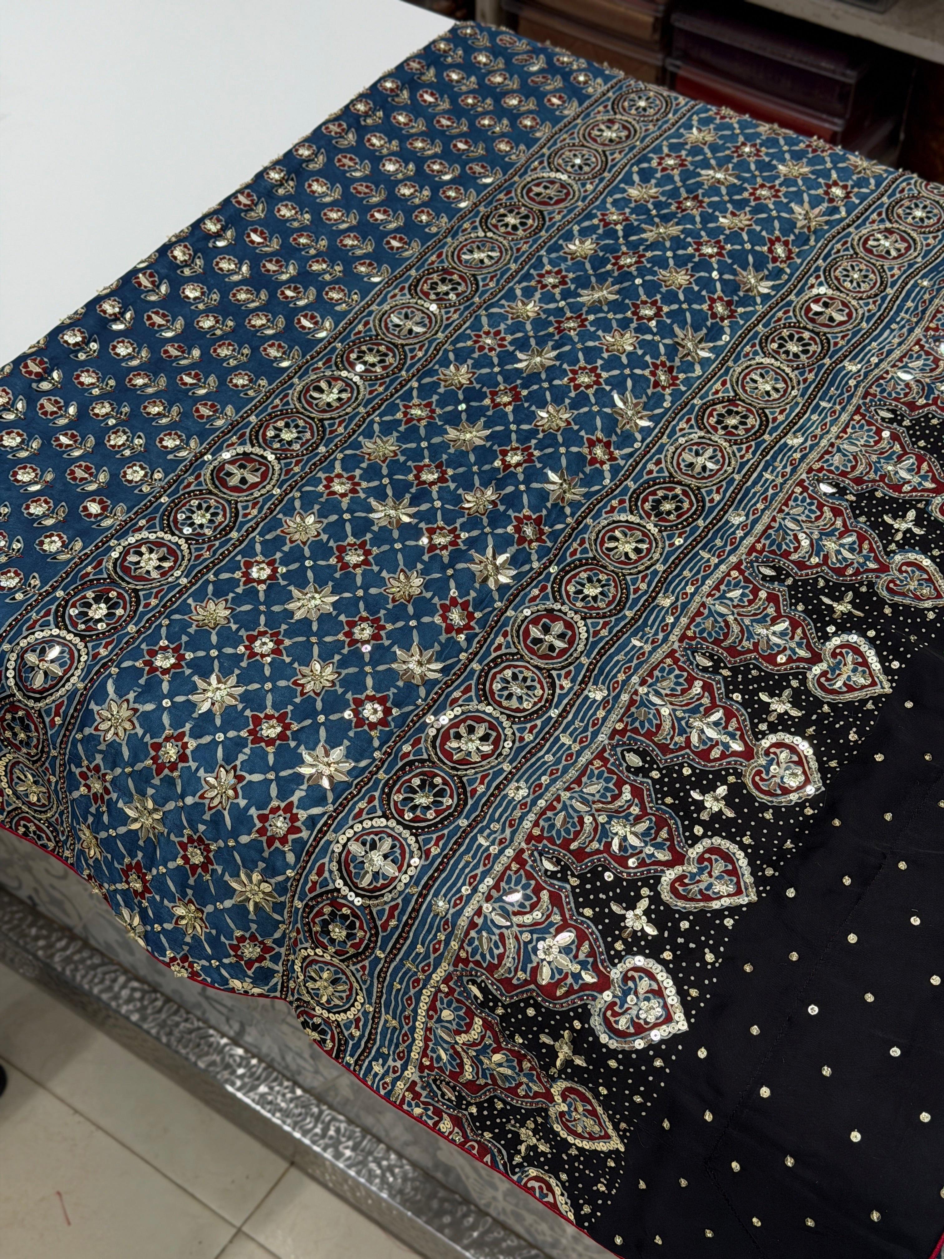 Blue Jaal Ajrakh Sequin Moti Hand Embroidery Saree