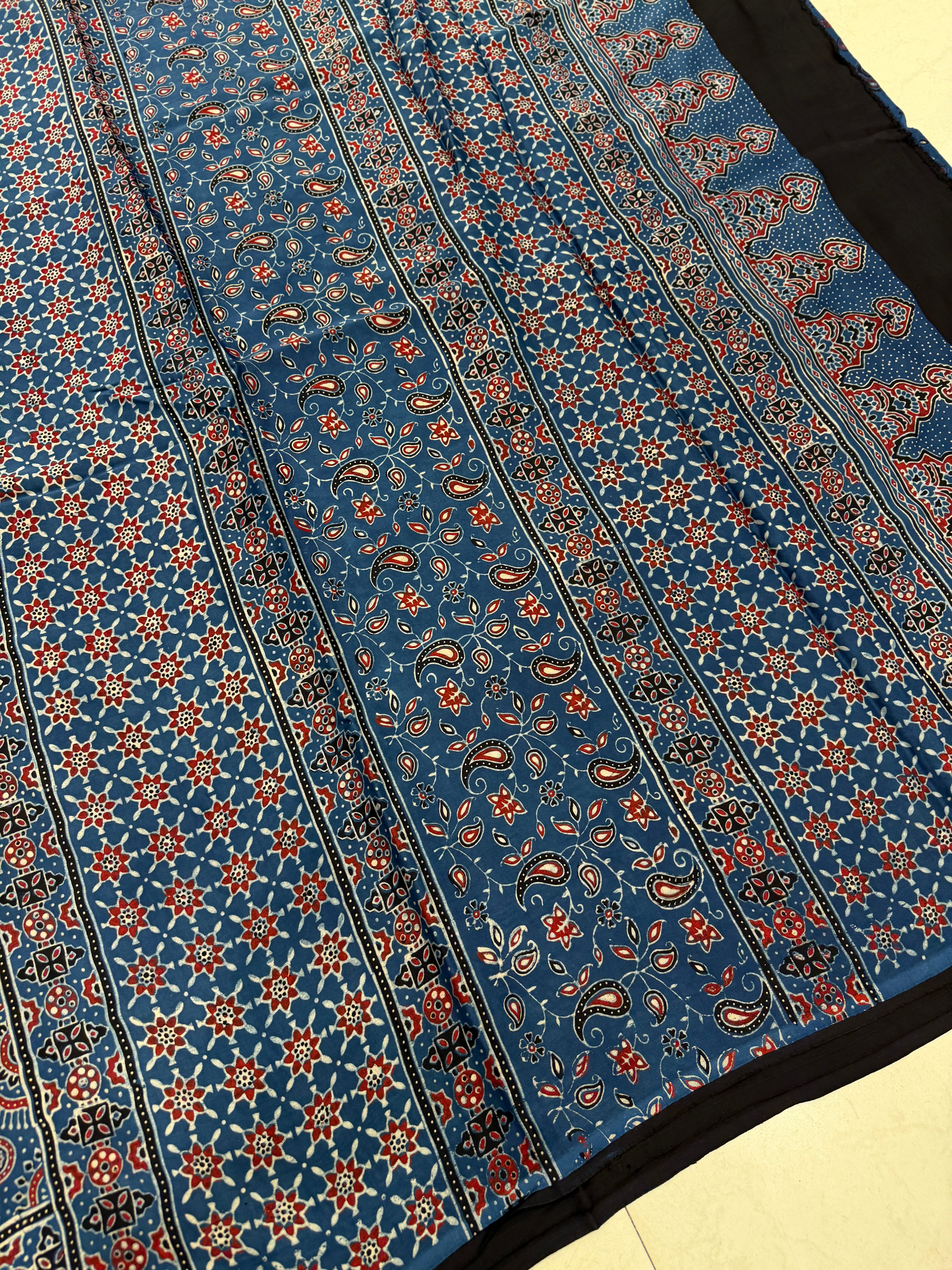 Blue Circles Ajrakh Hand Block Print Pure Modal Silk Saree