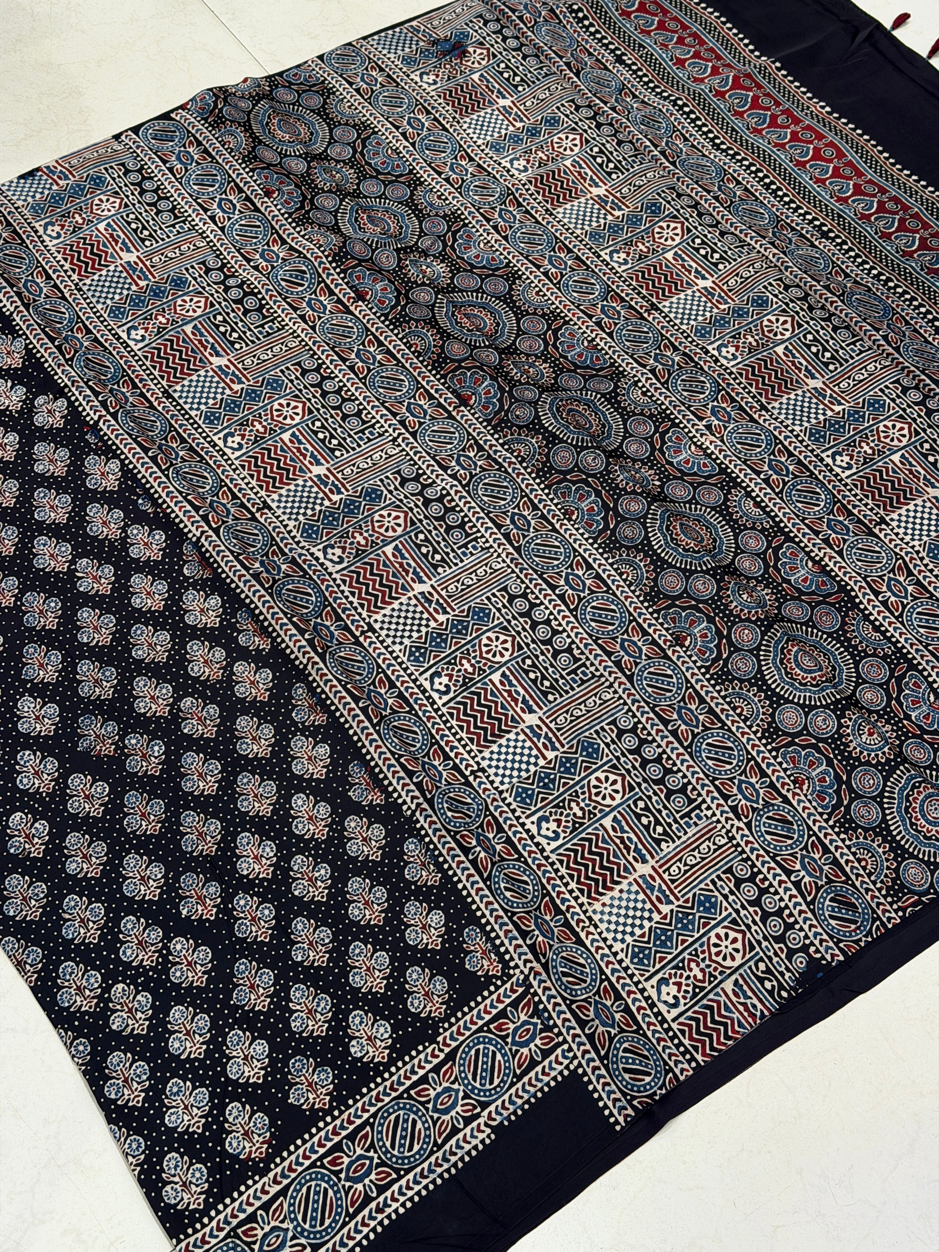 Black Buttis Ajrakh Hand Block Print Pure Modal Silk Saree