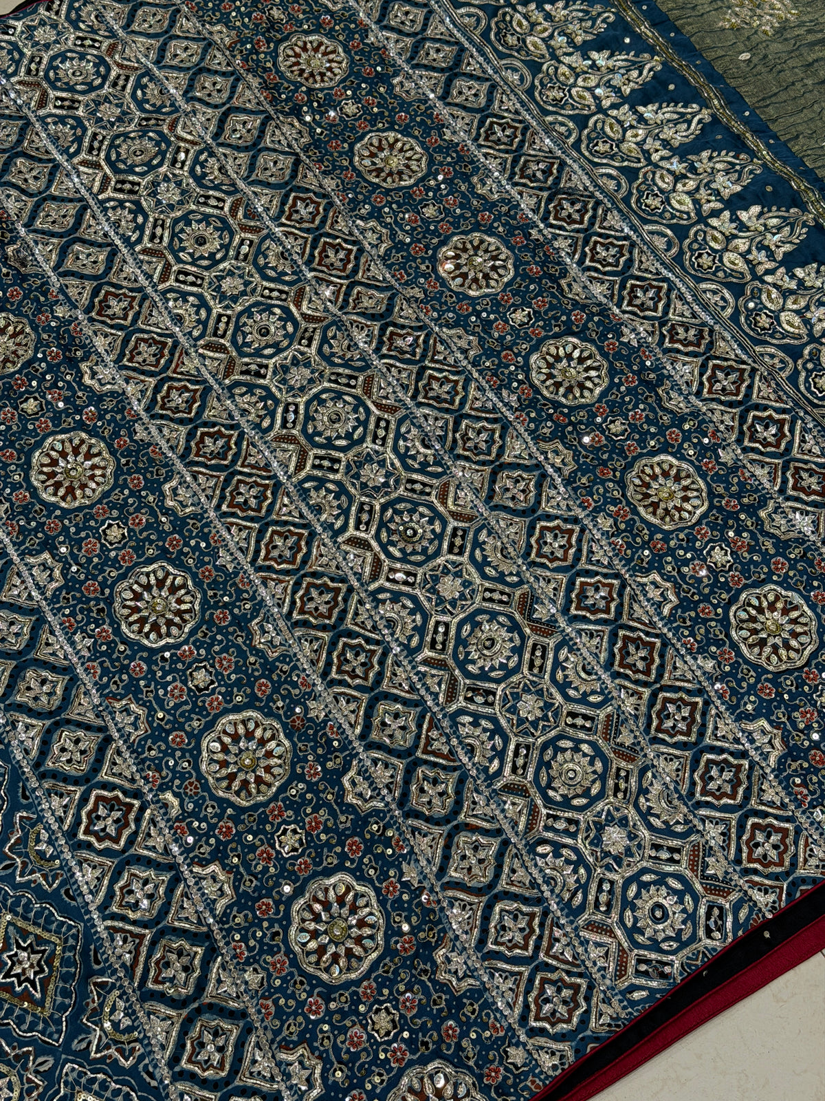 Blue Floral Jaal Pita Zardosi Sequin Ajrakh Hand Embroidery Saree