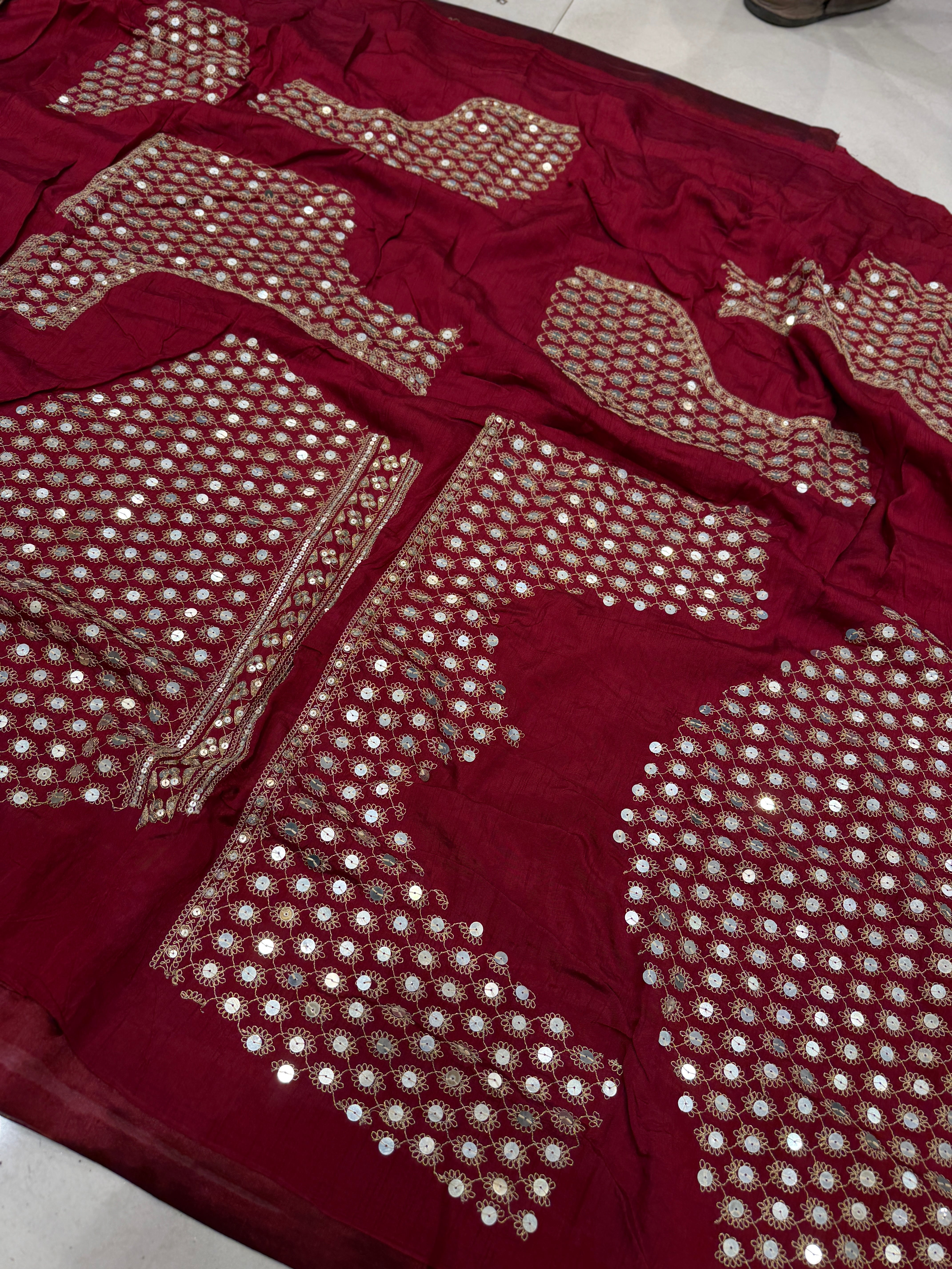 Maroon Pure Silk Sabyasachi Inspired Marodi Sequin Jaal Pallu Butti Saree