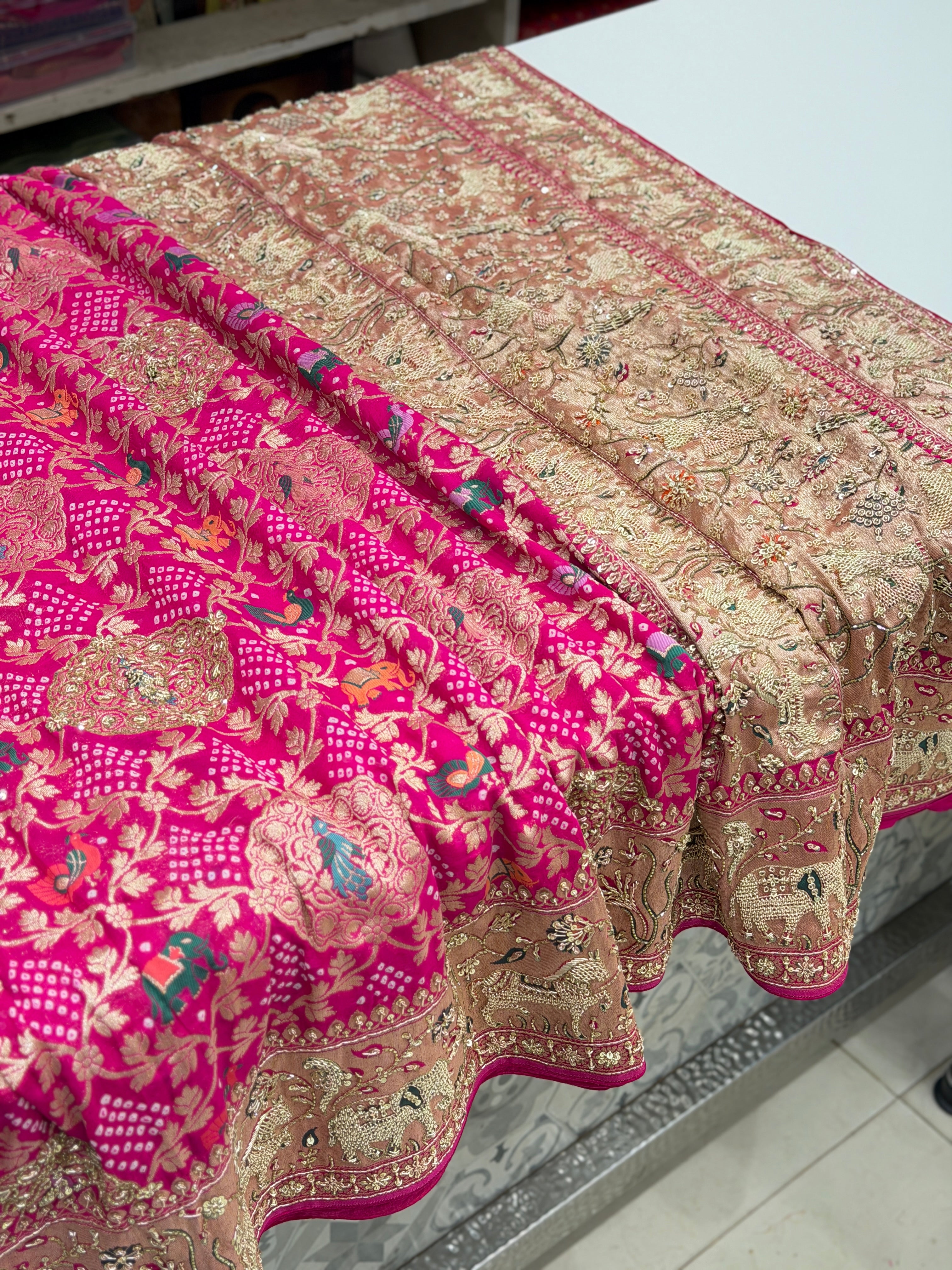 Rani Meenakari Rai Bandhej Saree Elephant Motif  Zardosi Hand Embroidery