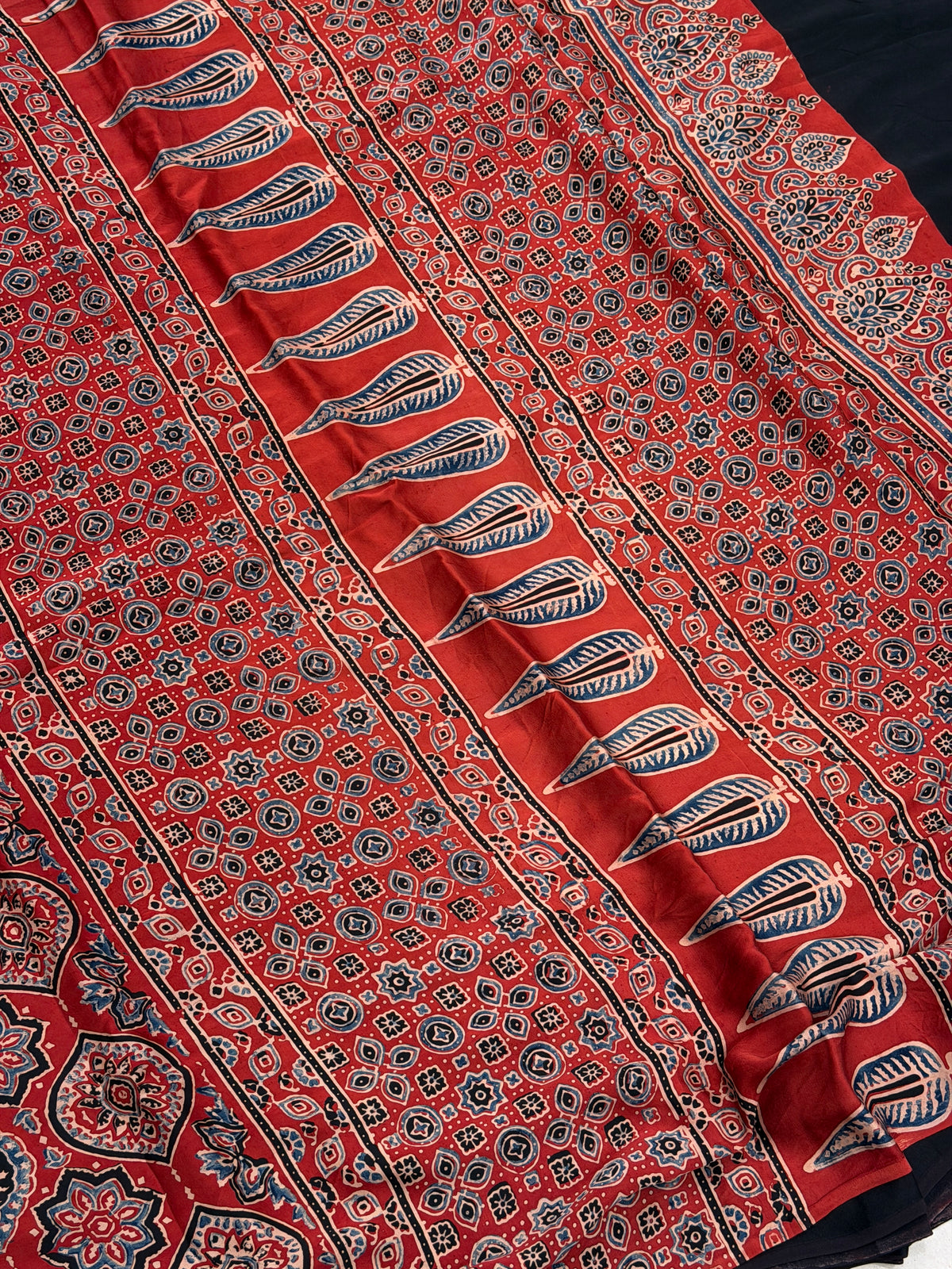 Red Badam Butta Jaal Ajrakh Hand Block Print Pure Gajji Silk Saree