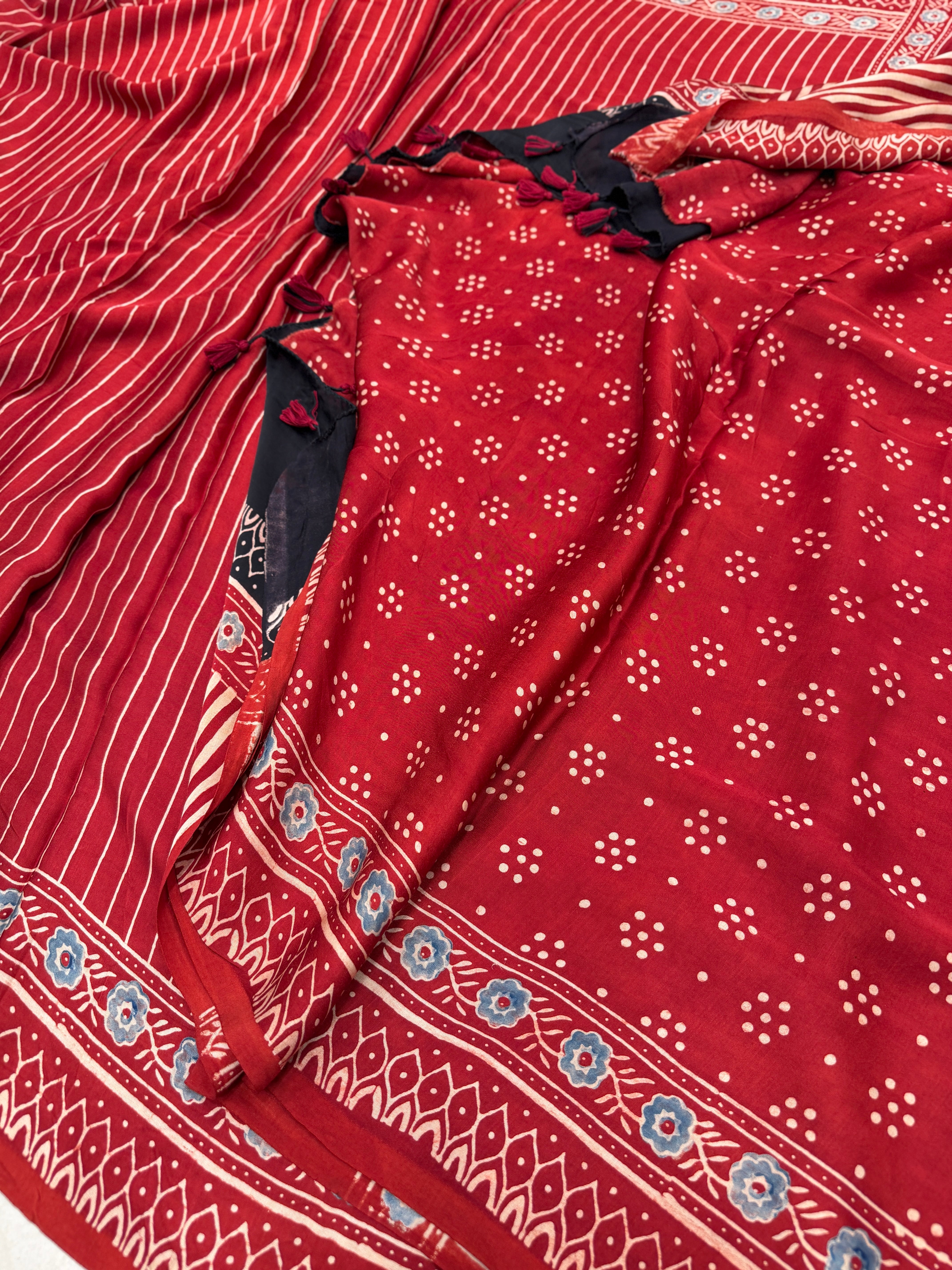 Red Contemporary Moon Pallu Ajrakh Block Print Hand Pure Gajji Silk Saree