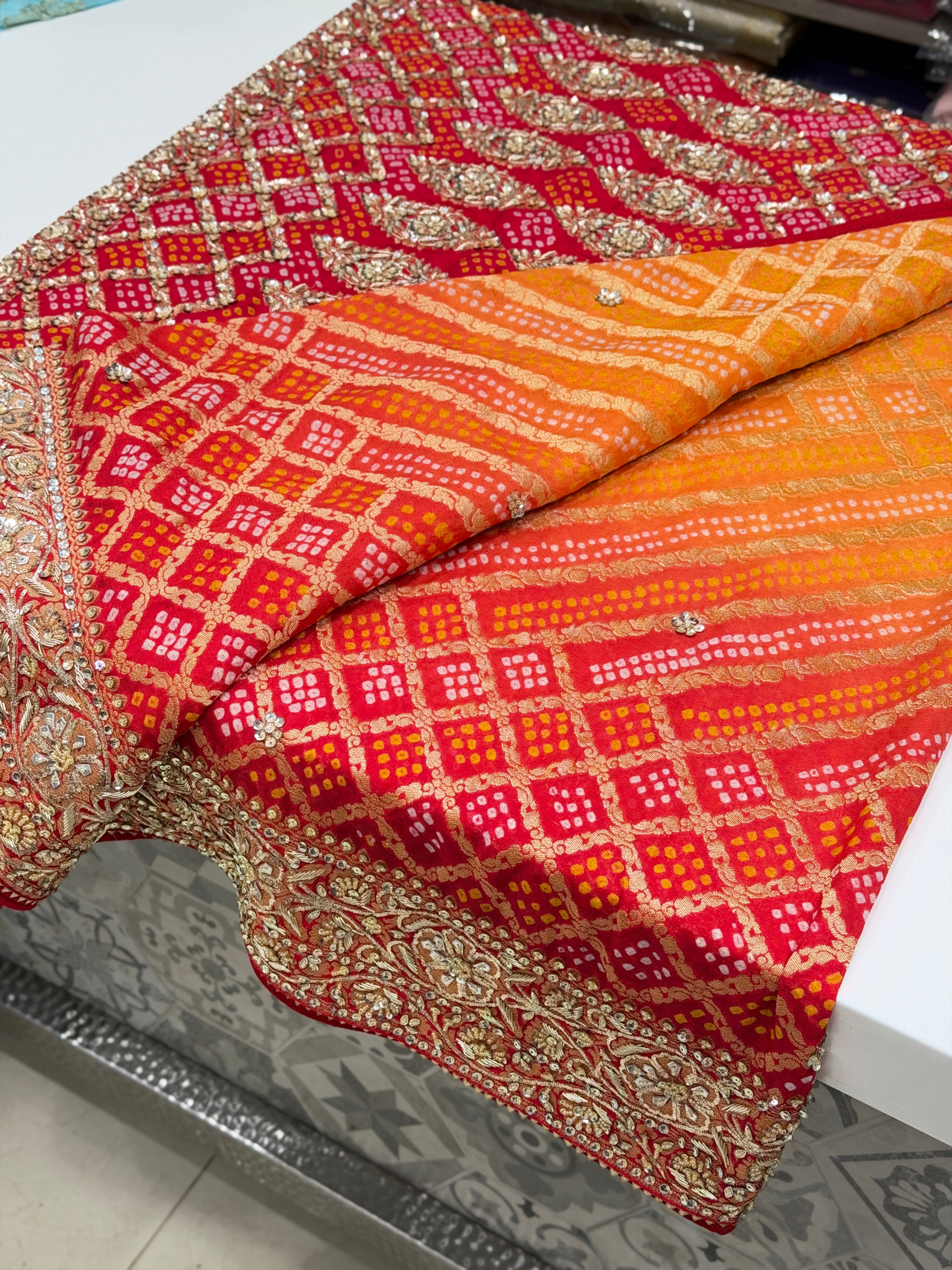 Orange Red Rai Bandhej Zardosi Pita Hand Embroidery Saree