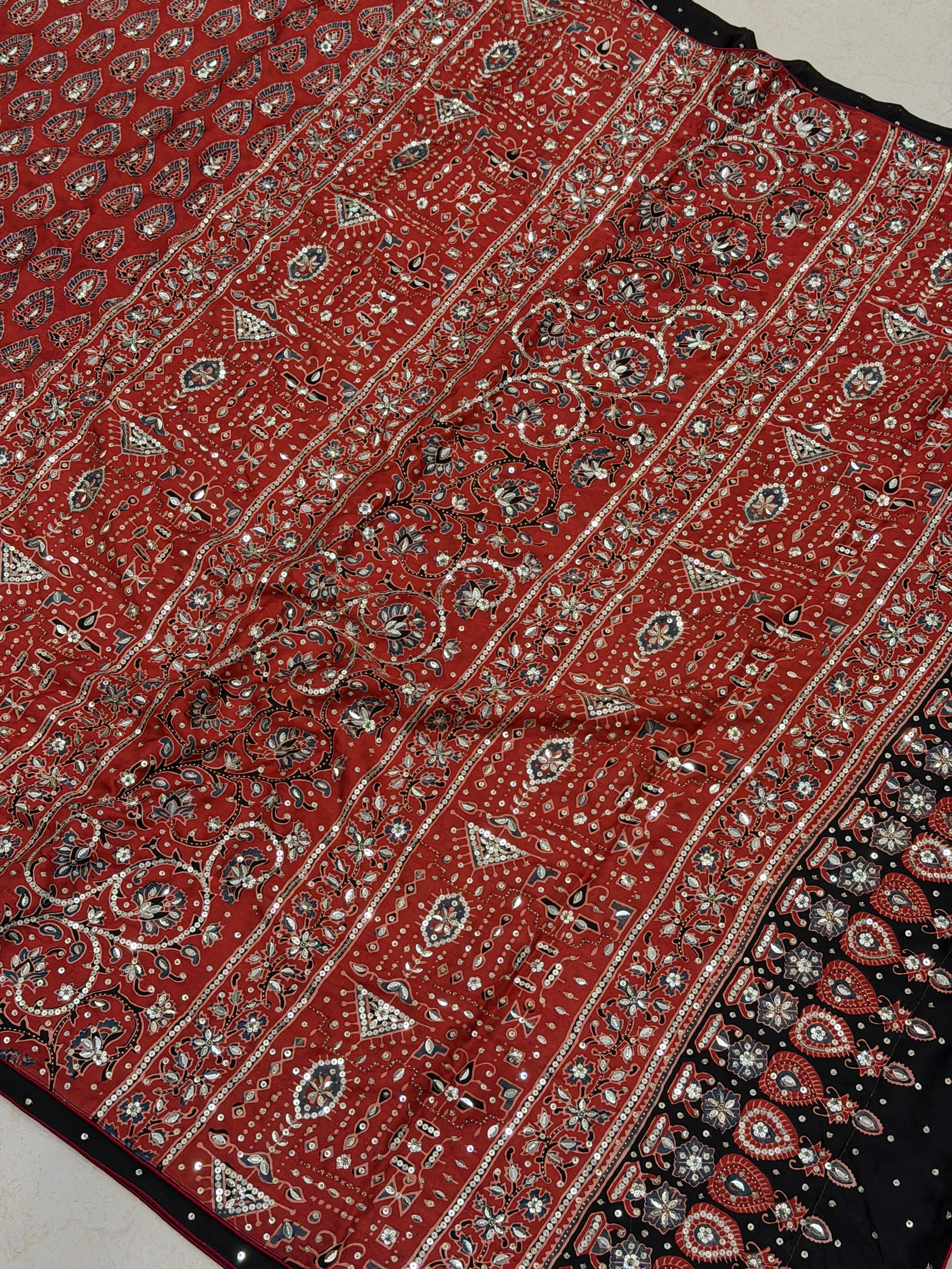 Red Butti Ajrakh Sequin Moti Hand Embroidery Saree