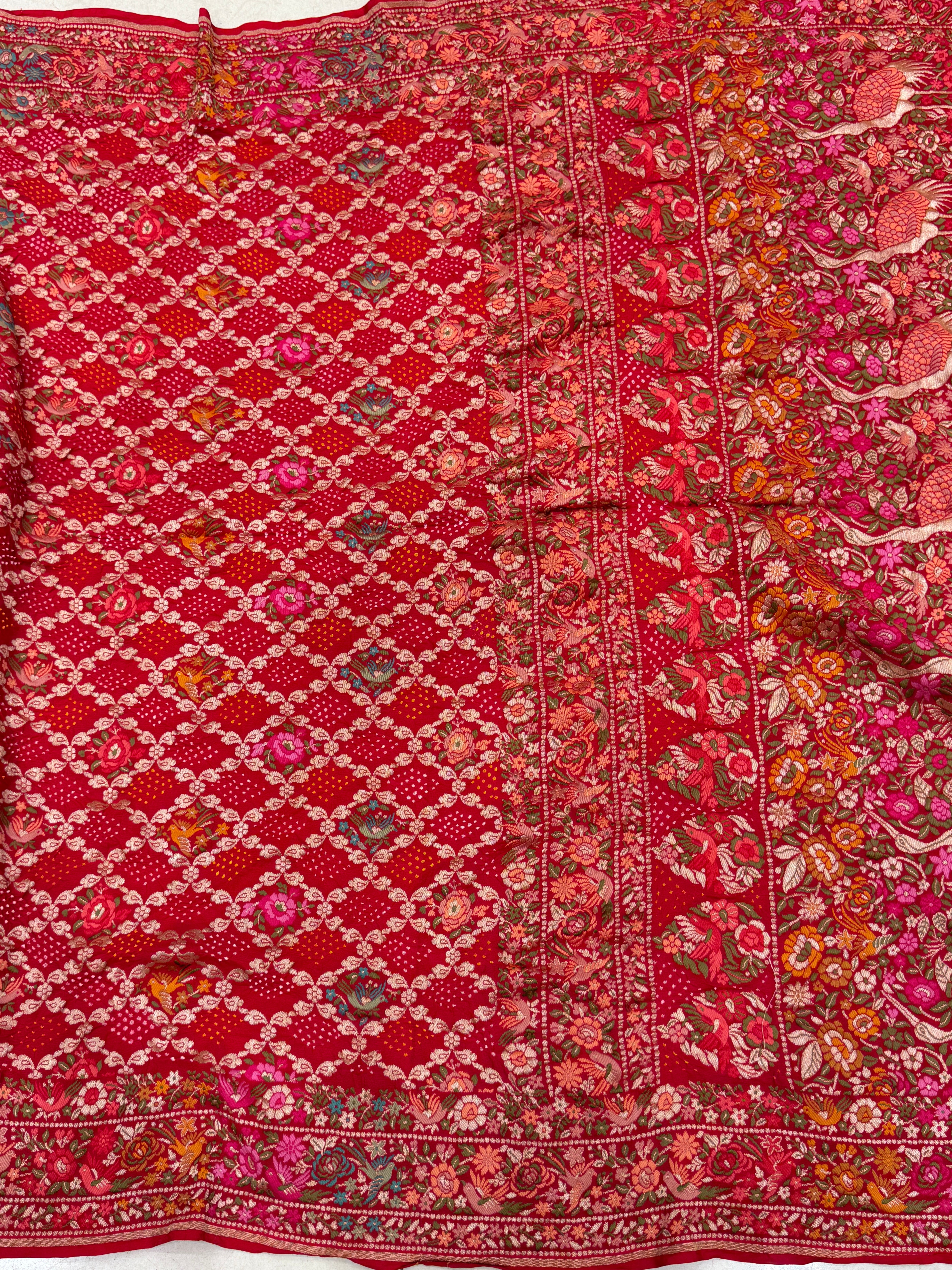 Red Parsi Gara Weaved Rani Bandhej Saree