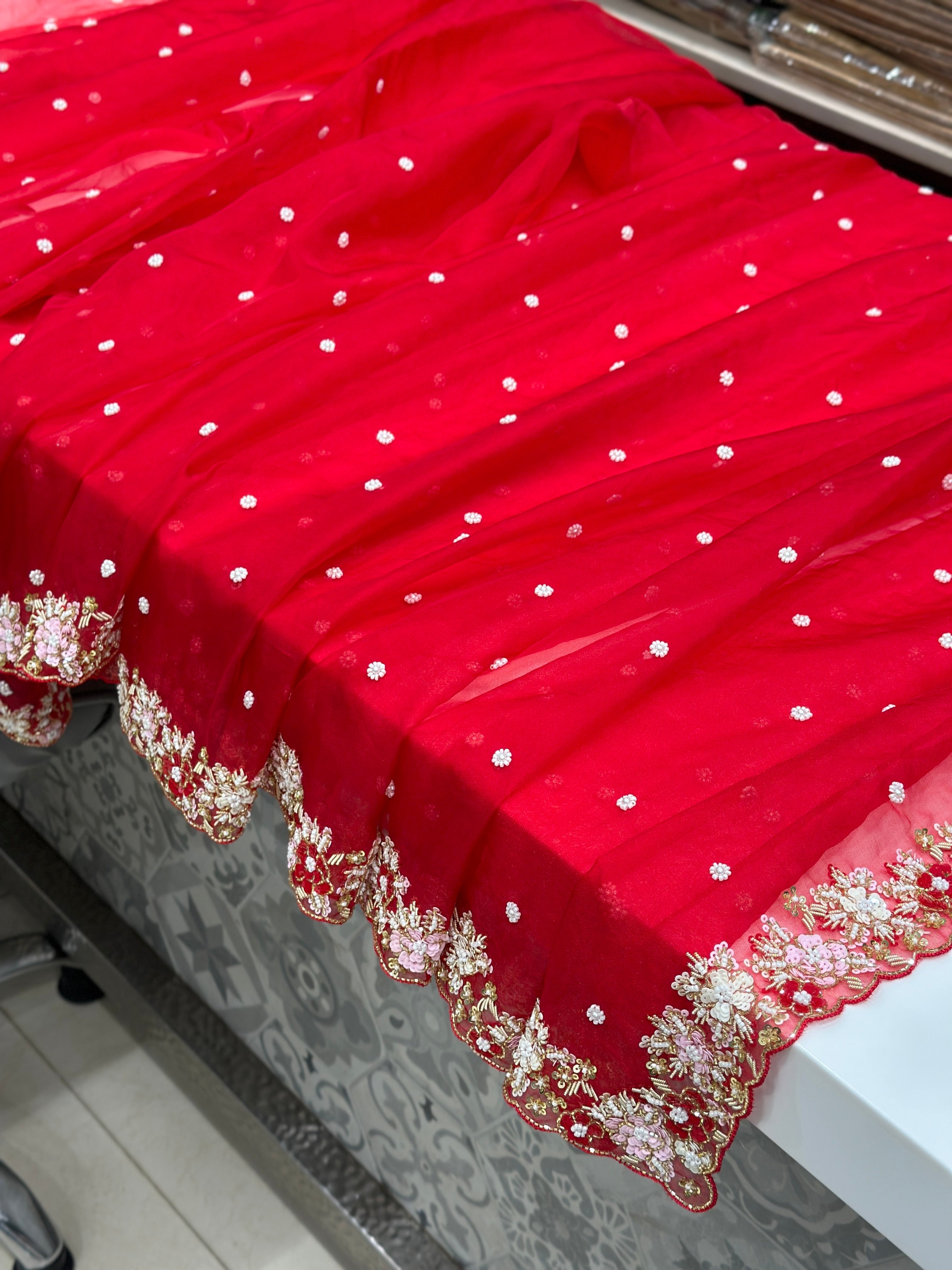 Red Organza Floral Boder Hand Embroidery Saree