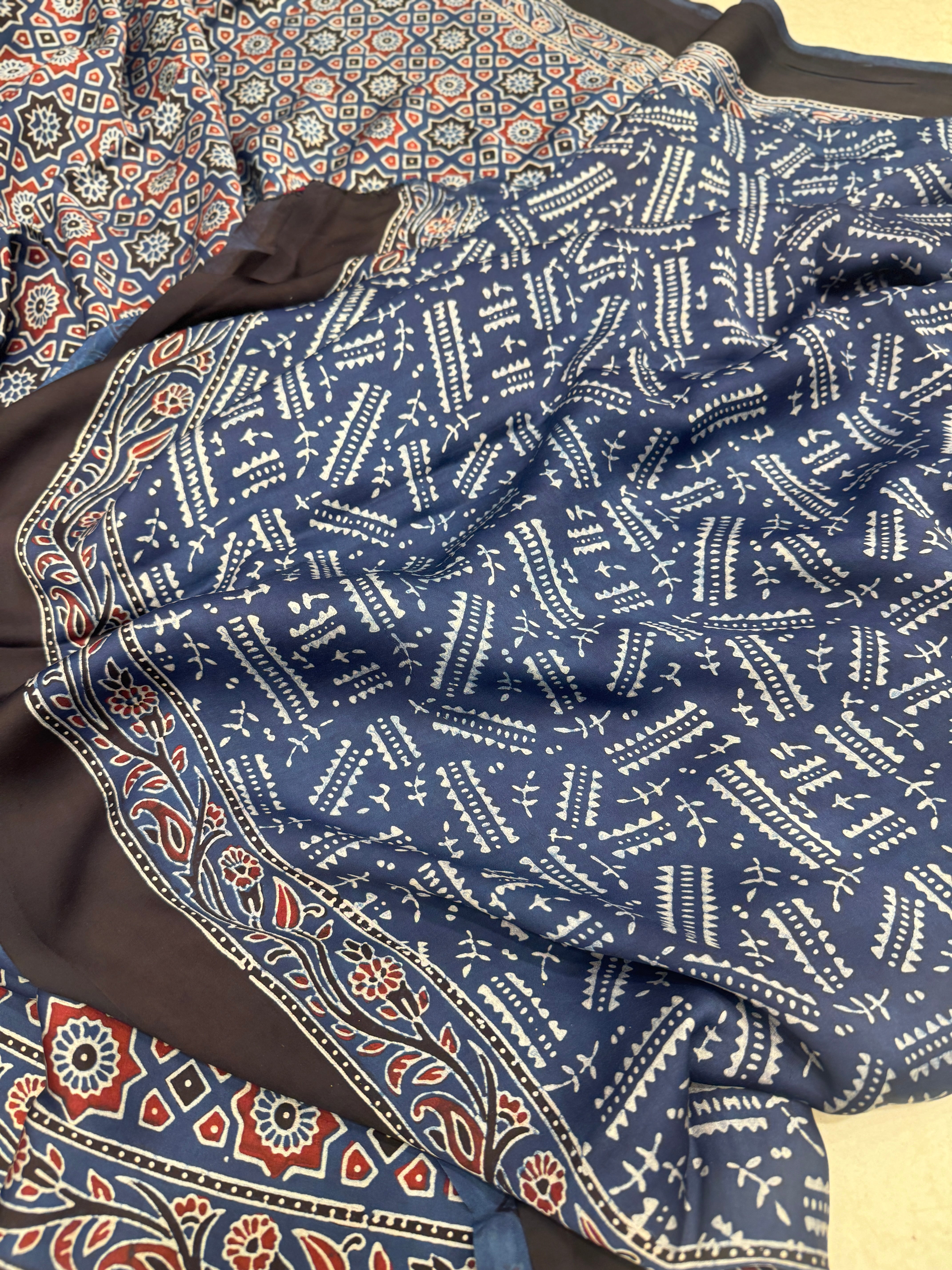 Blue Star Buttas Hand Block Print Ajrkah Pure Gajji Silk Saree