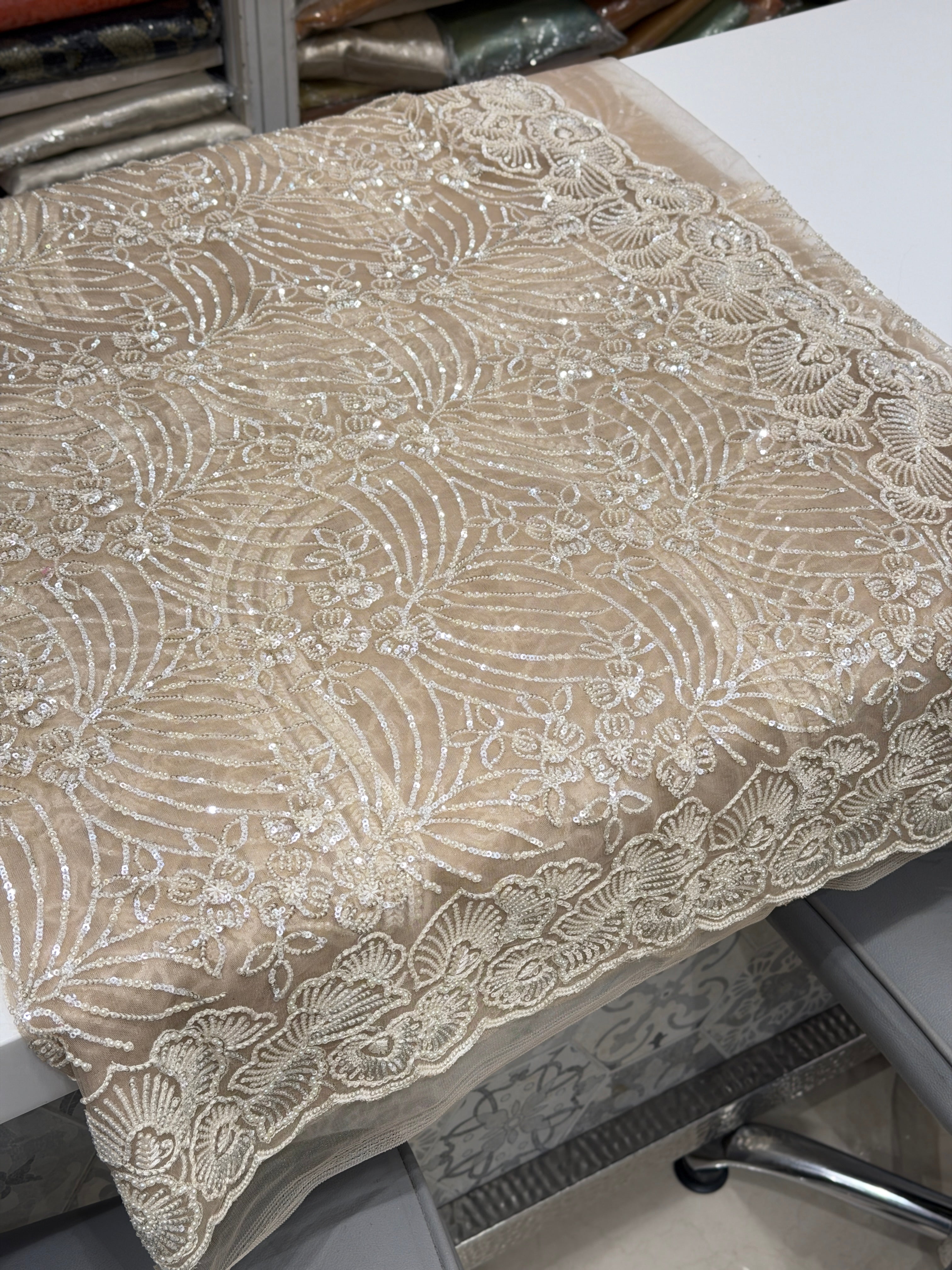 Golden Net Resham Moti Embroidery Soft Saree