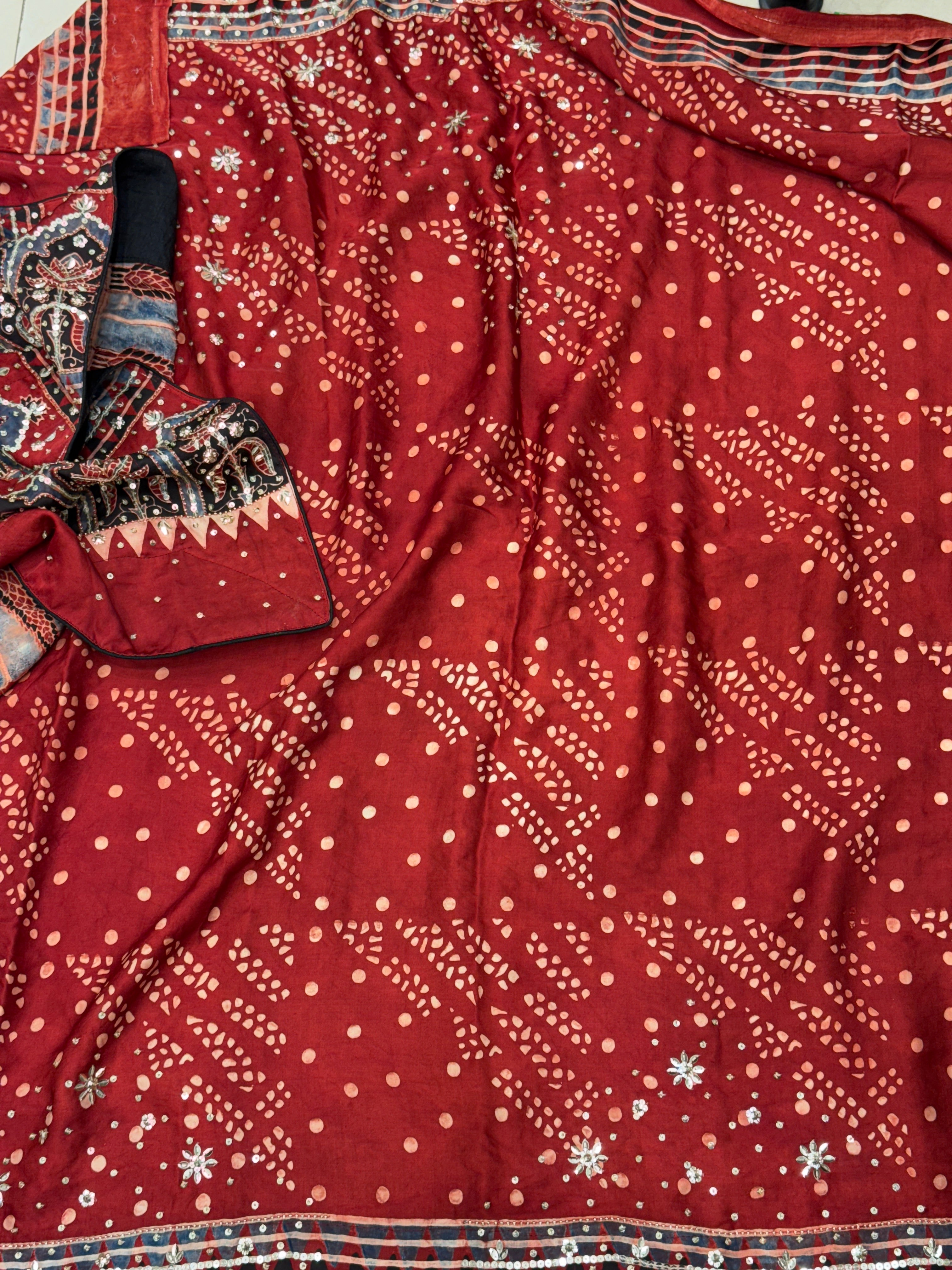 Ajrakh Hand Embroidery Sequin Saree Contemporary