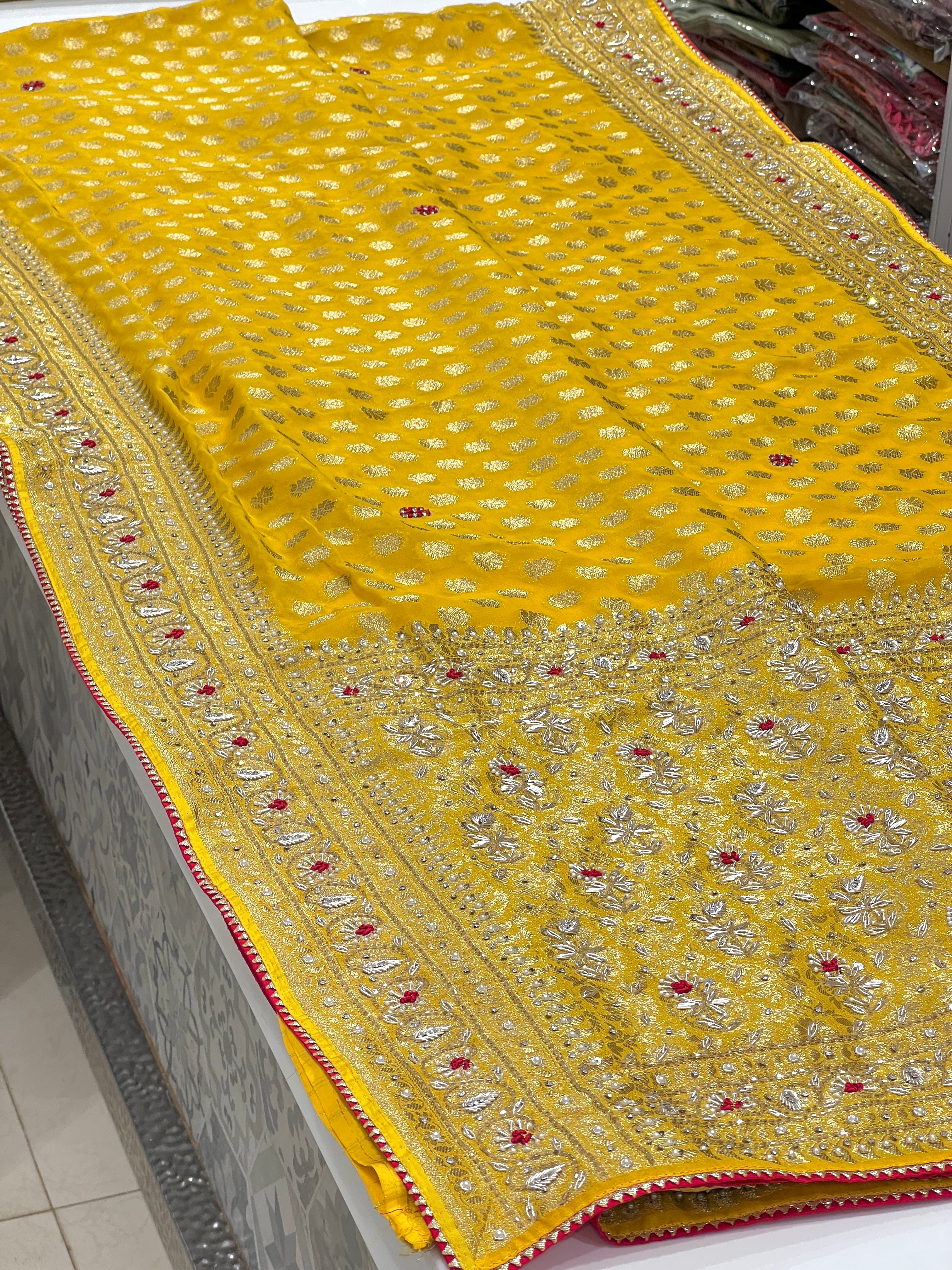 Yellow Georgette Butti Zardozi Resham Embroidery Saree