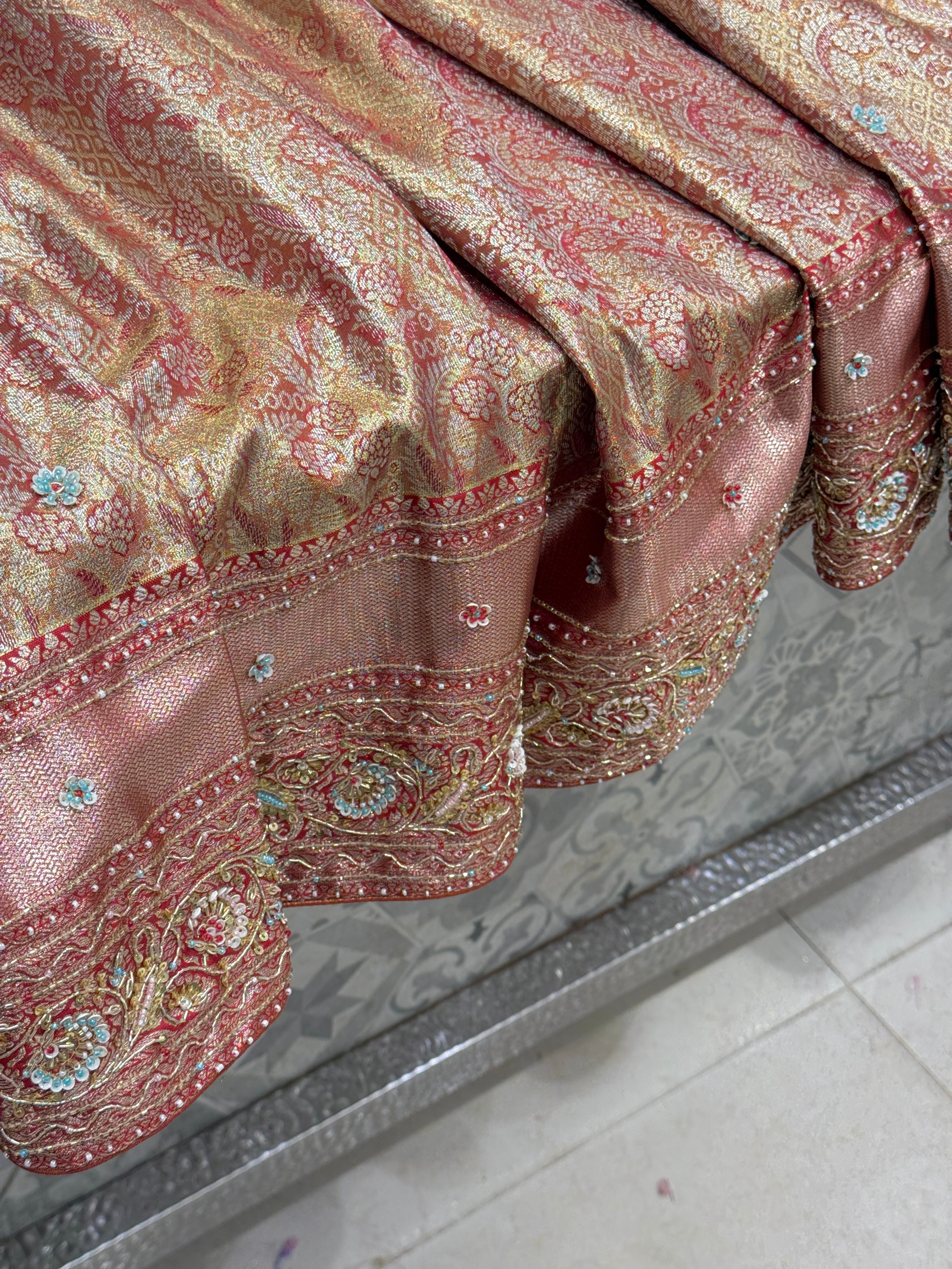 Golden Red Tissue Kanjivaram Hand Embroidery Saree