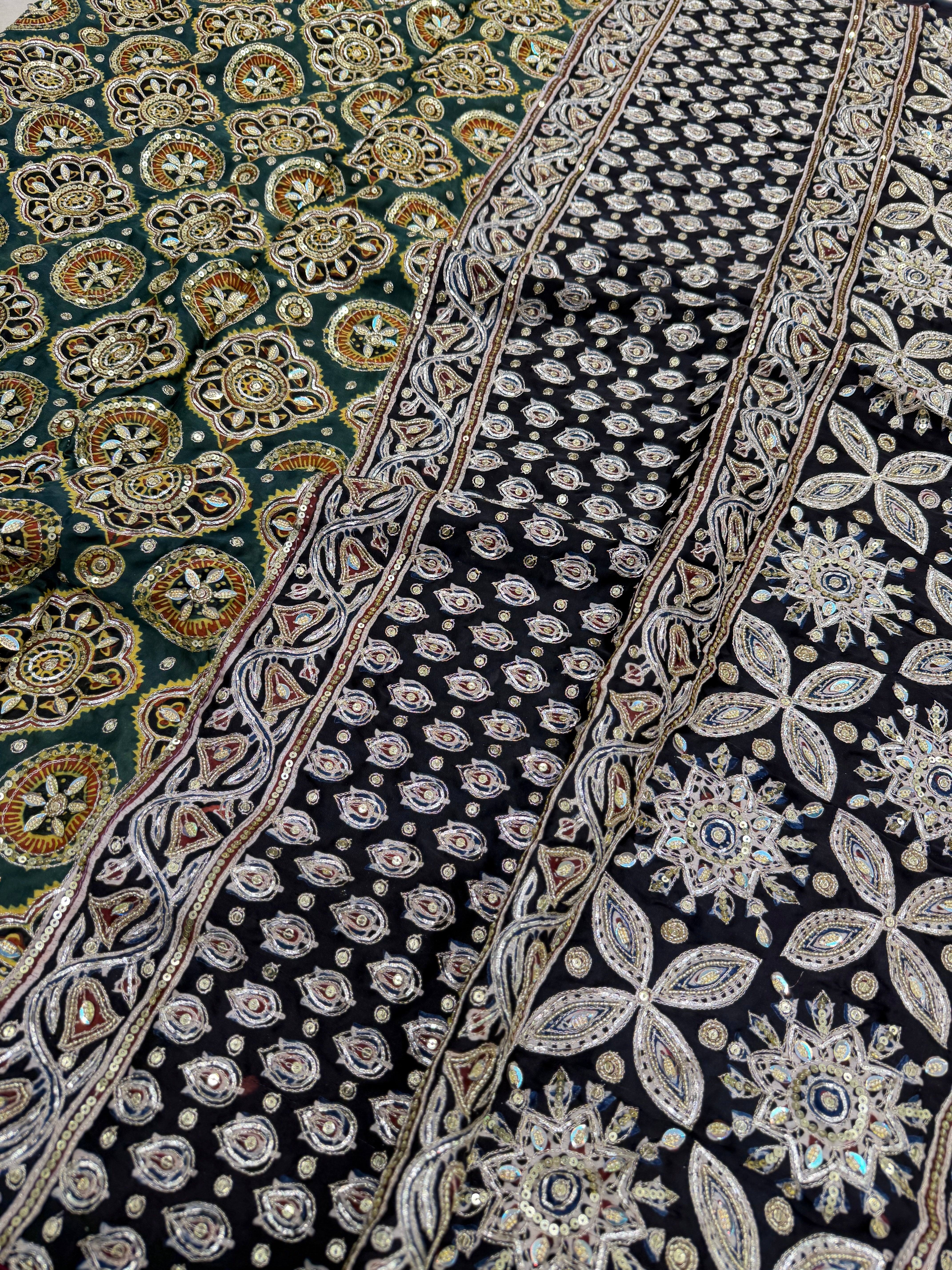 Green Jaal Pita Zardosi Sequin Ajrakh Hand Embroidery Saree