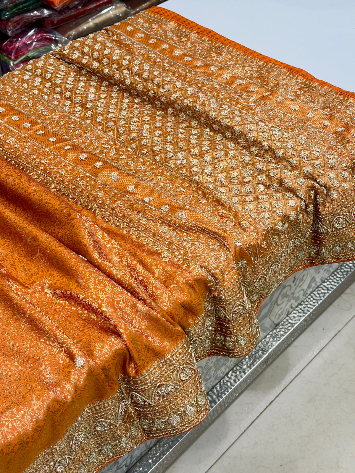 Rust Orange Kanjivaram Elephant Motifs Zardosi Hand Embroidery Saree