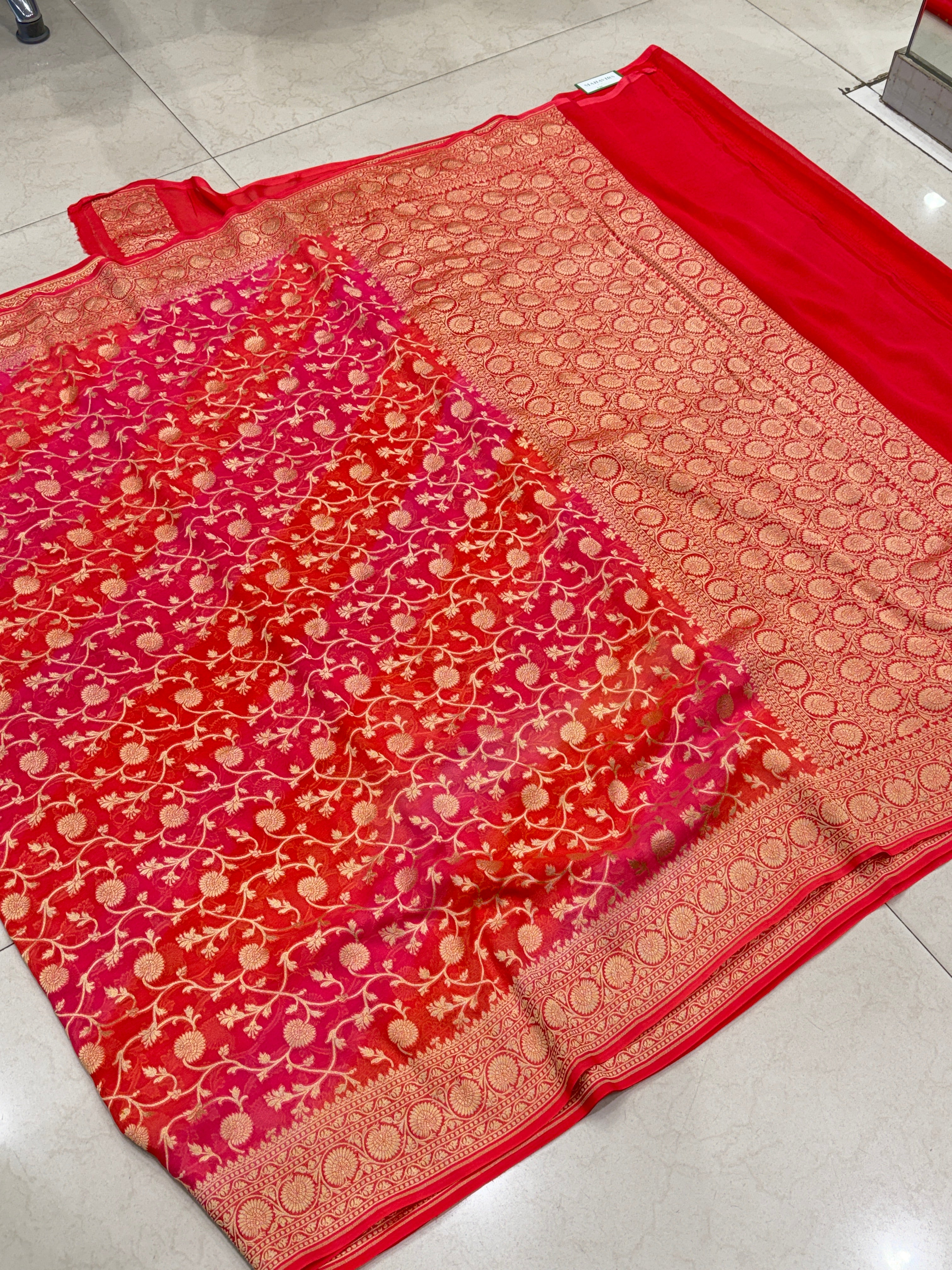 Orange Shaded Mughal Jaal Handloom Banarasi Khaddi Georgette Saree