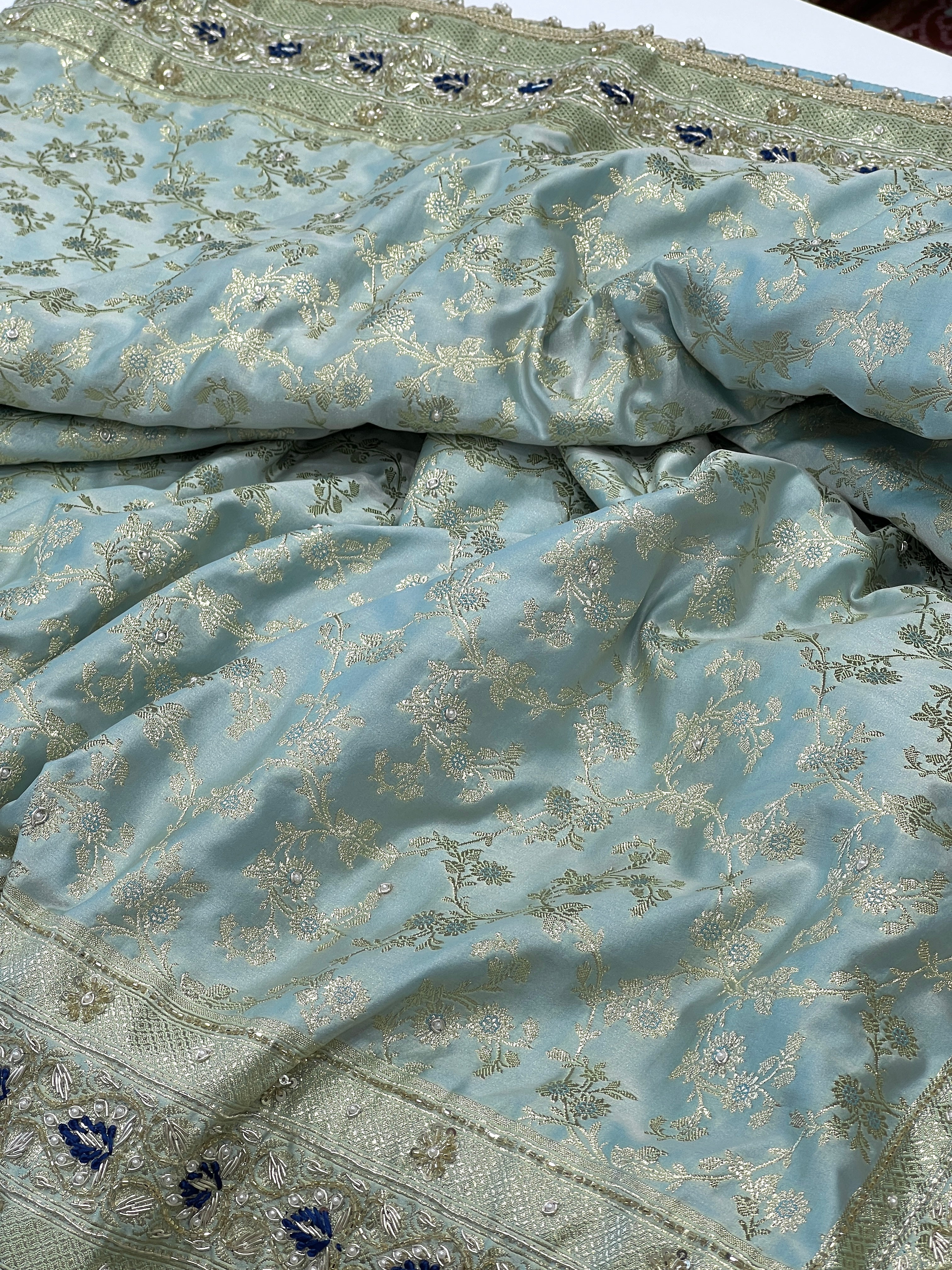 Blue Banarasi Silk Contrast Resham Hand Embroidery Saree