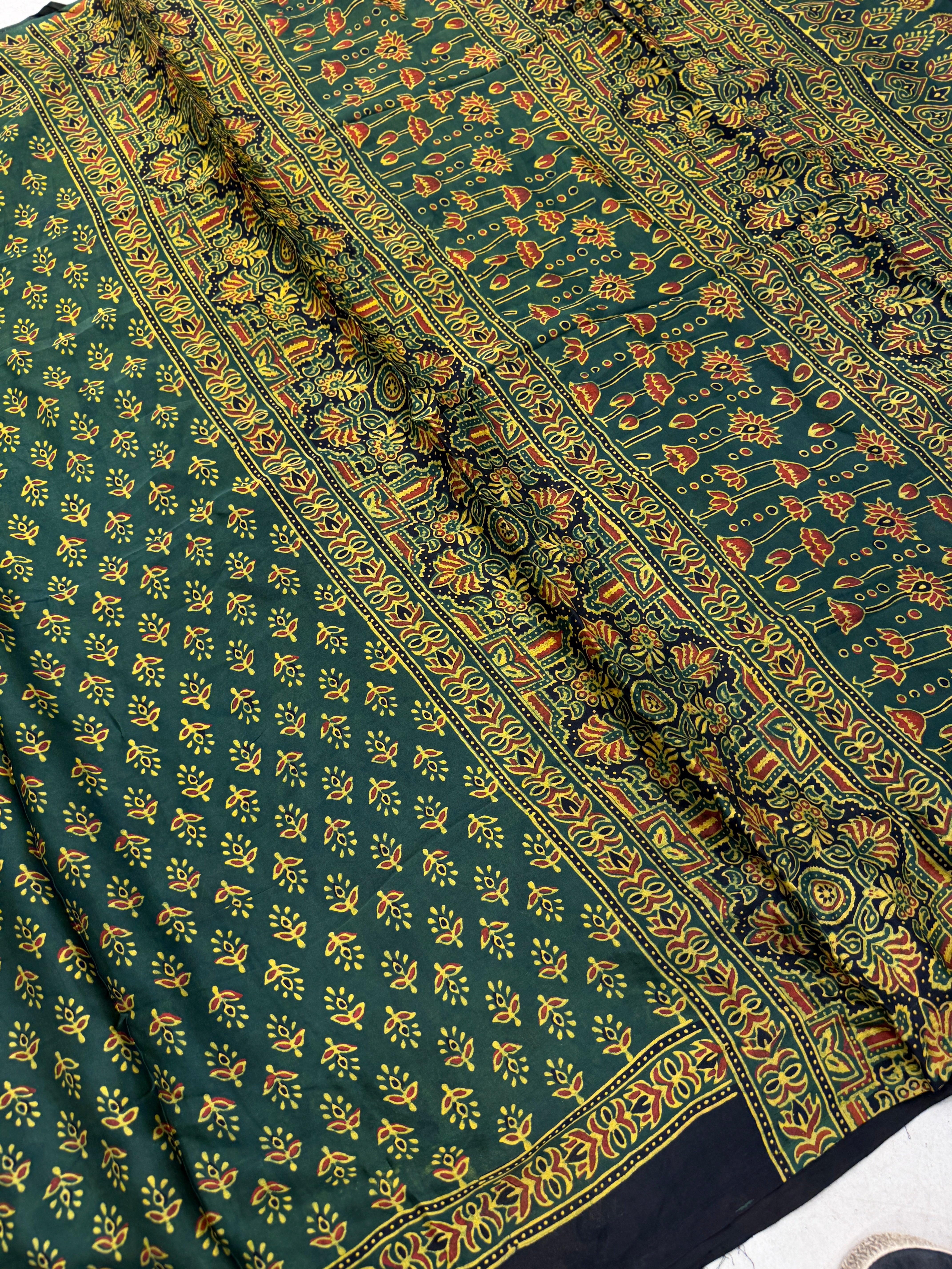 Bottle Green Buttis Ajrakh Hand Block Print Pure Gajji Silk Saree