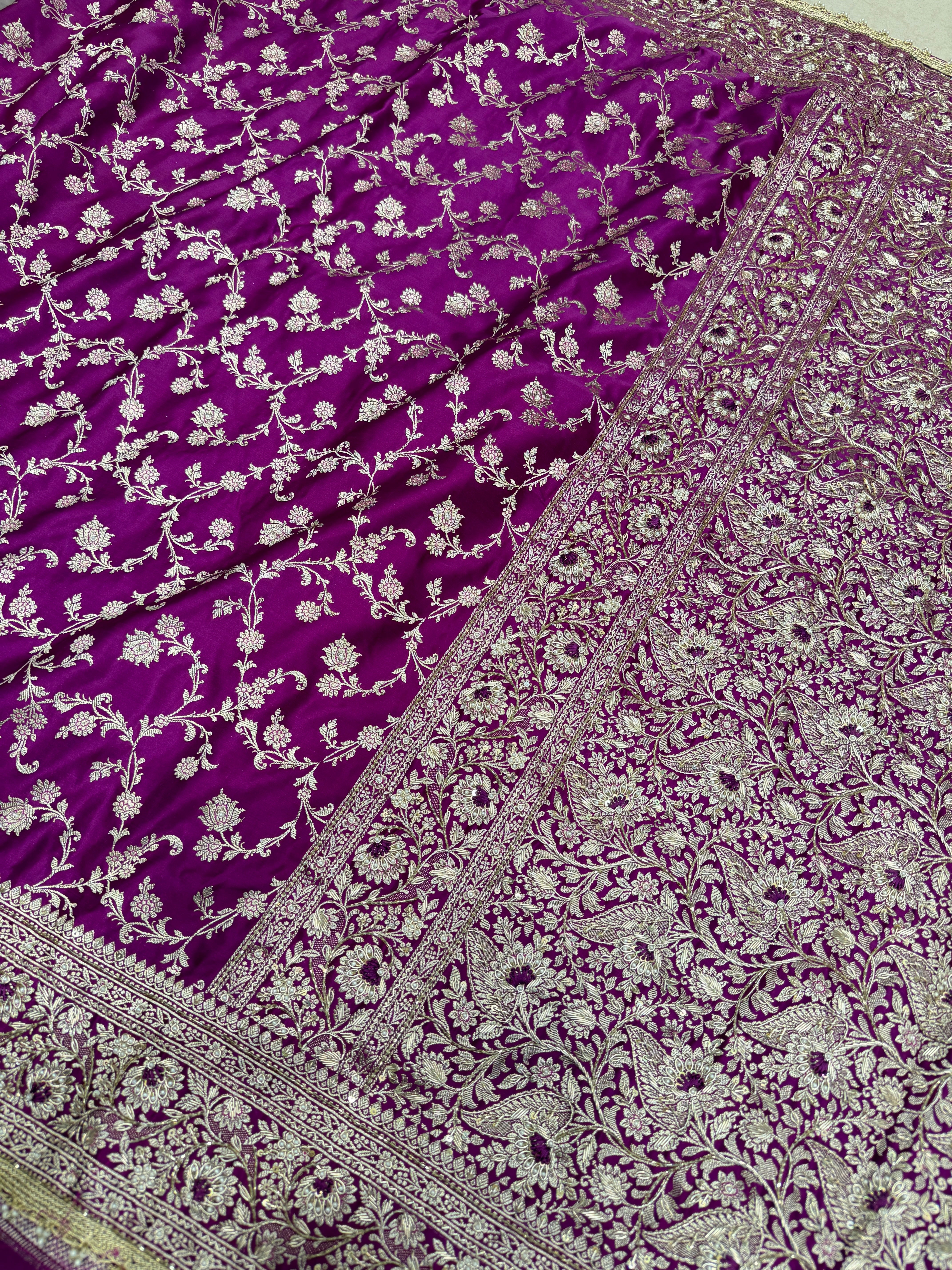 Wine Banarasi Upside Down Hand Embroidery Zardosi Resham Saree