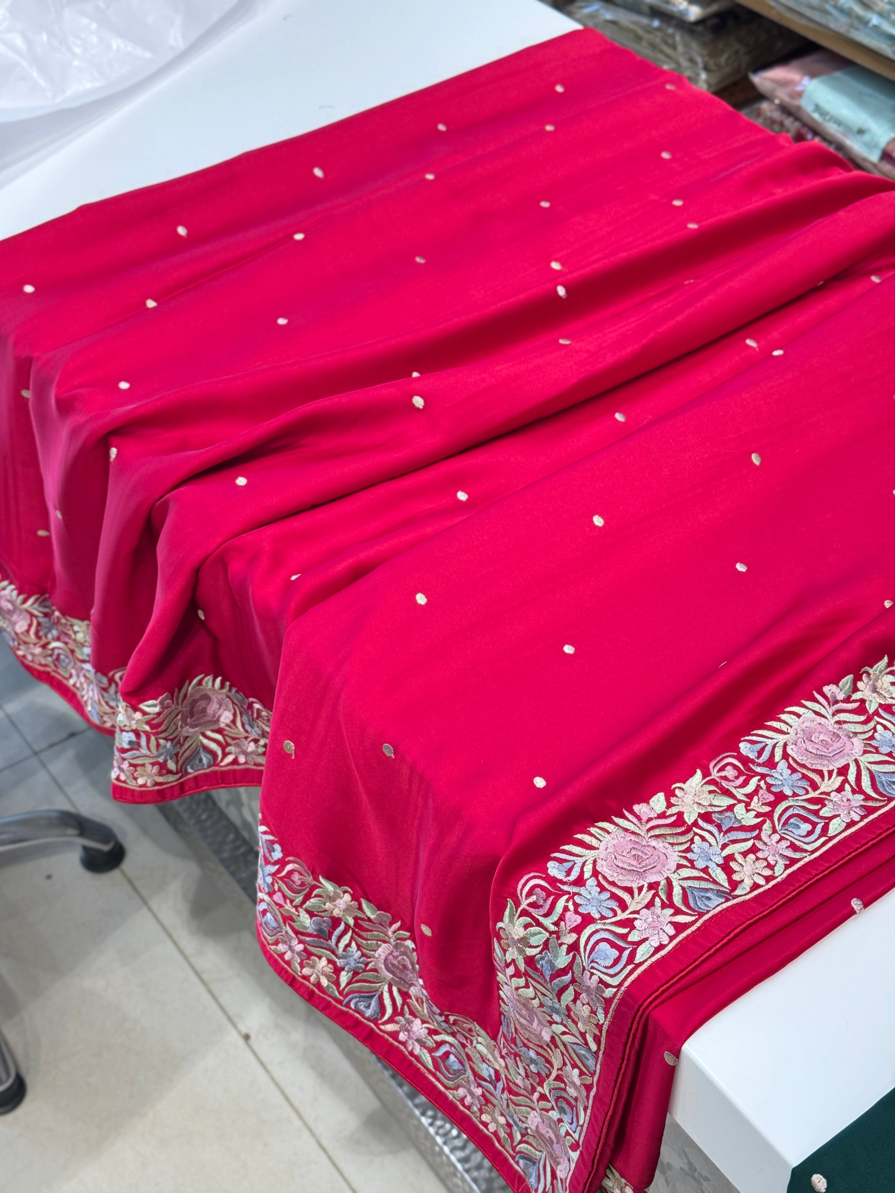 Strawberry Red Satin Parsi Gara Saree