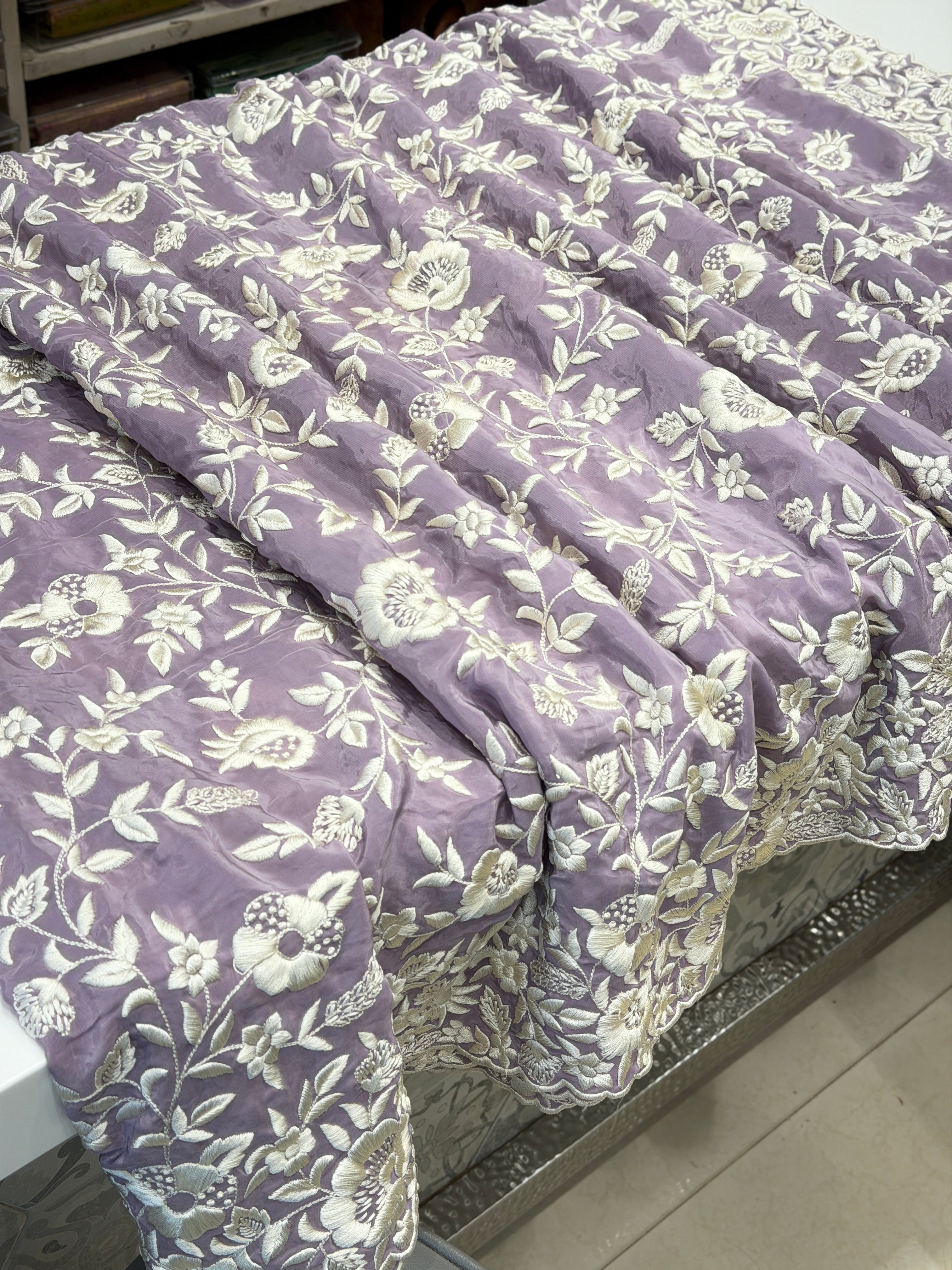 Lilac Crepe Floral Jaal Flamingo Resham Embroidery Saree
