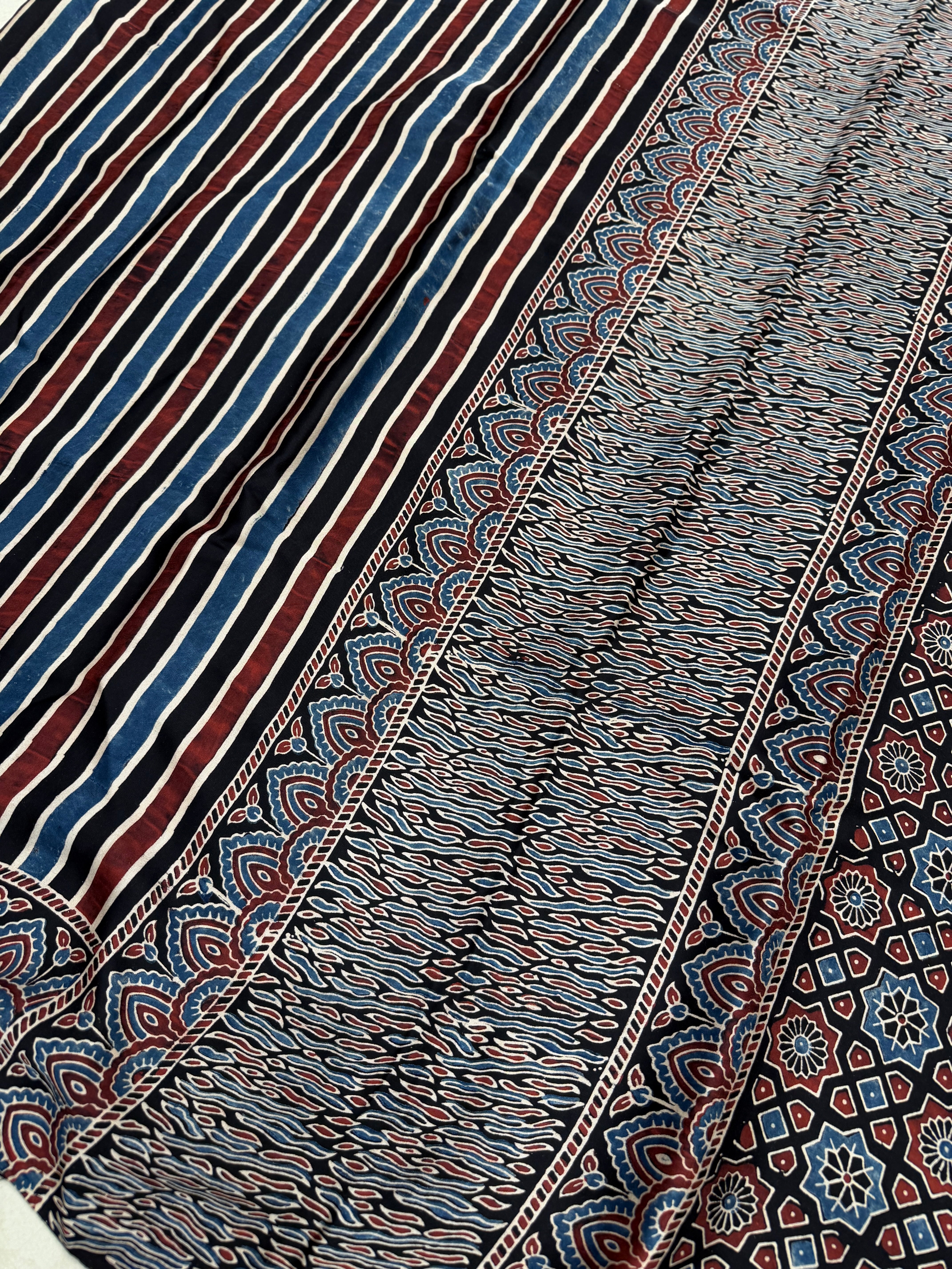Black Contemporary Ajrakh Hand Block Print Pure Gajji Silk Saree