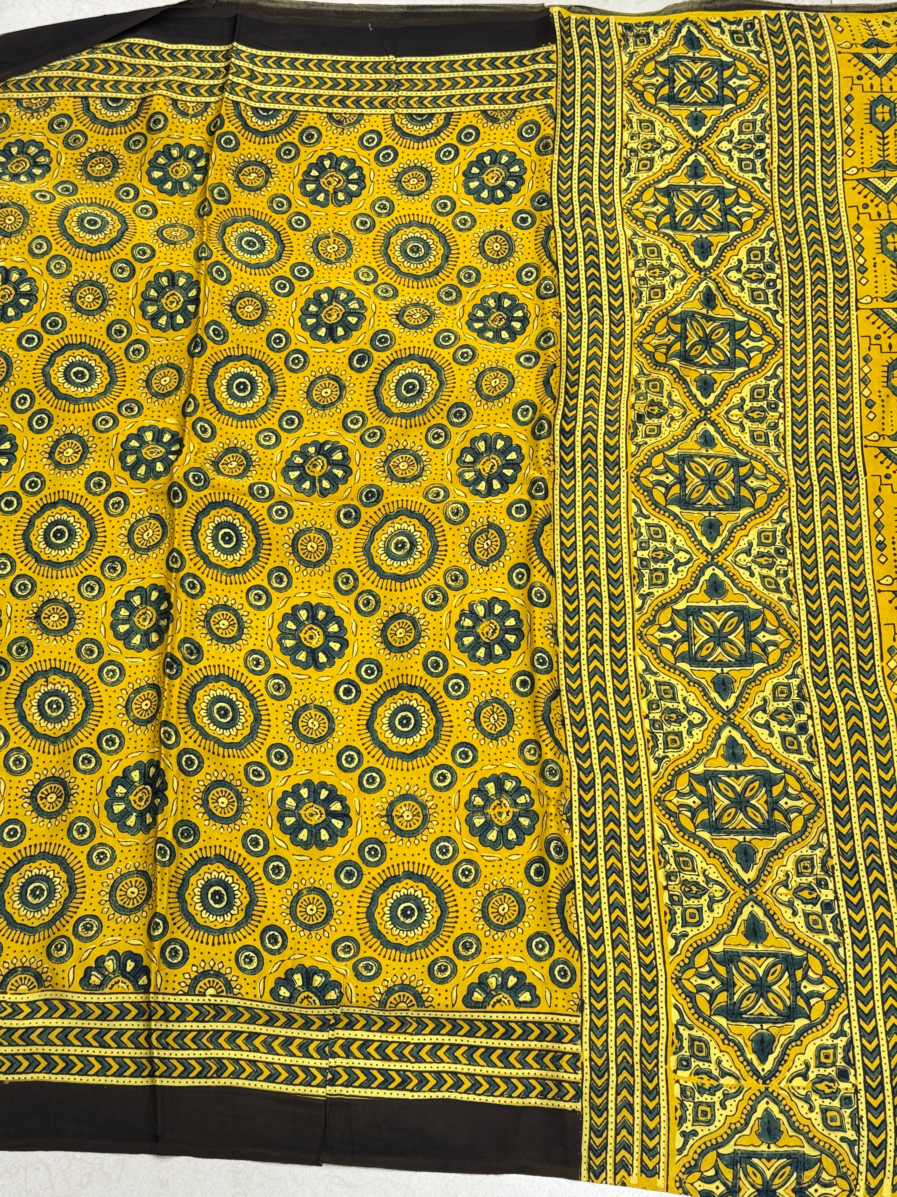 Yellow Floral Butta Pattern Ajrakh Hand Block Print Pure Gajji Silk Saree